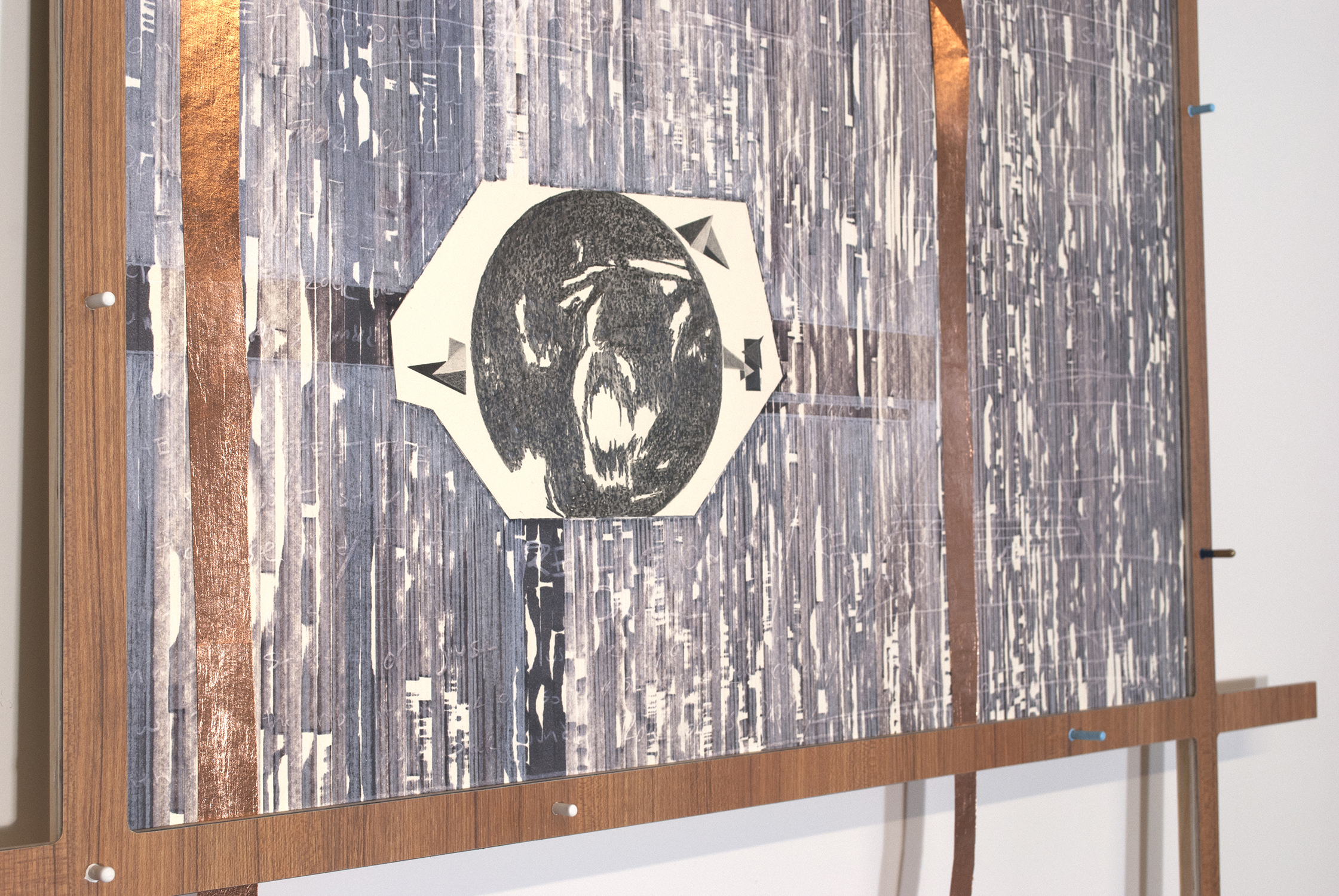 between the lecture and the icons  Ink, graphite, colored pencil and copper leaf on paper. Formica and wood. 2011 - 84 x 41 x 2