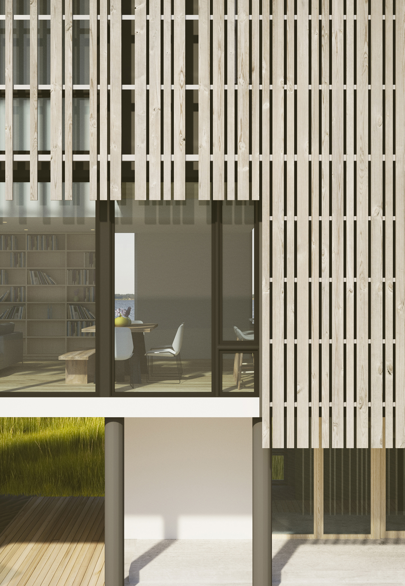 Patterned exterior rainscreen of alternating width Atlantic White Cedar boards.