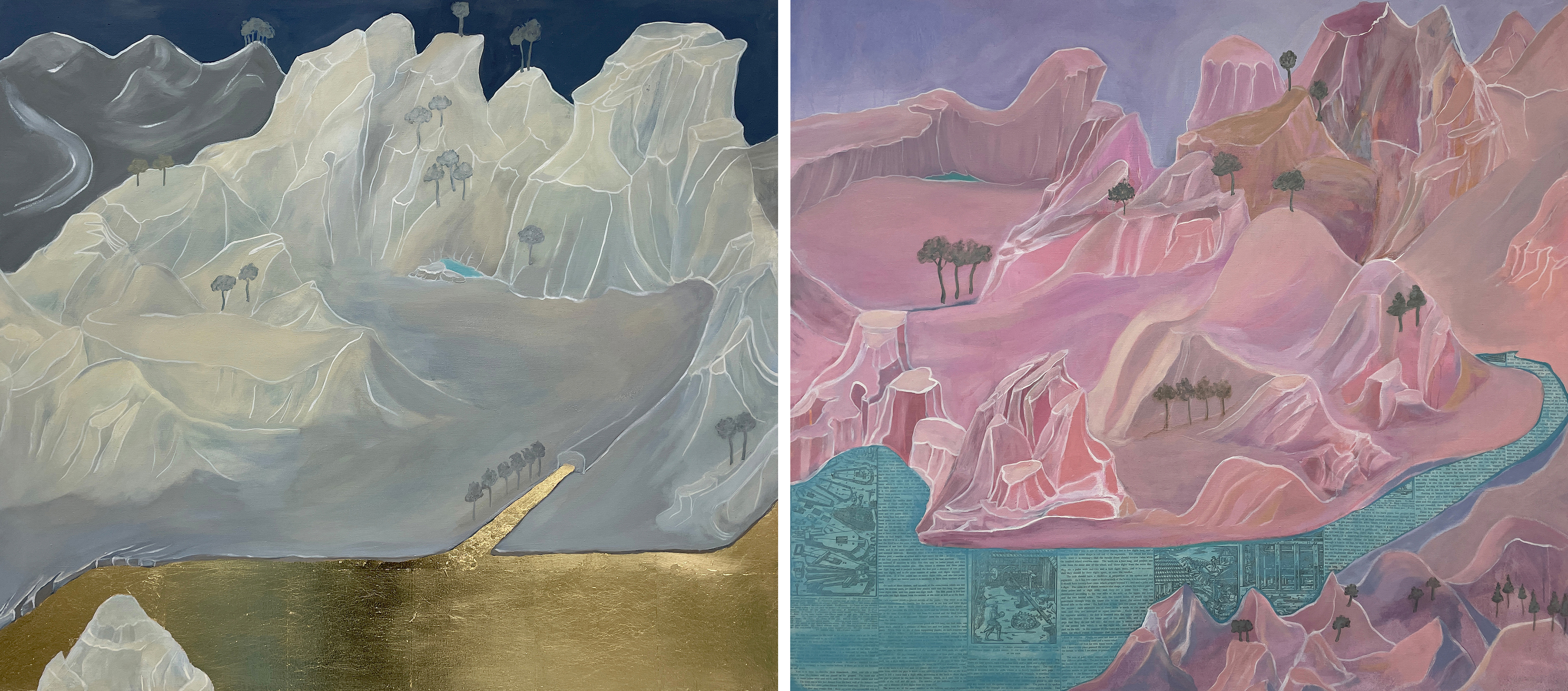 The Spiritual is Always Mapped to the Material, 2022, 180 x79cm, oil, collage and metal leaf on canvas