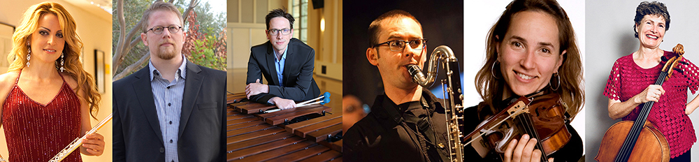 An image of six headshots combined shows, from left to right, Sara Andon, Aron Kallay, Nick Terry, Brian Walsh, Sarah Thornblade, and Margaret Edmondson. Many of the musicians are either holding or on their instruments.