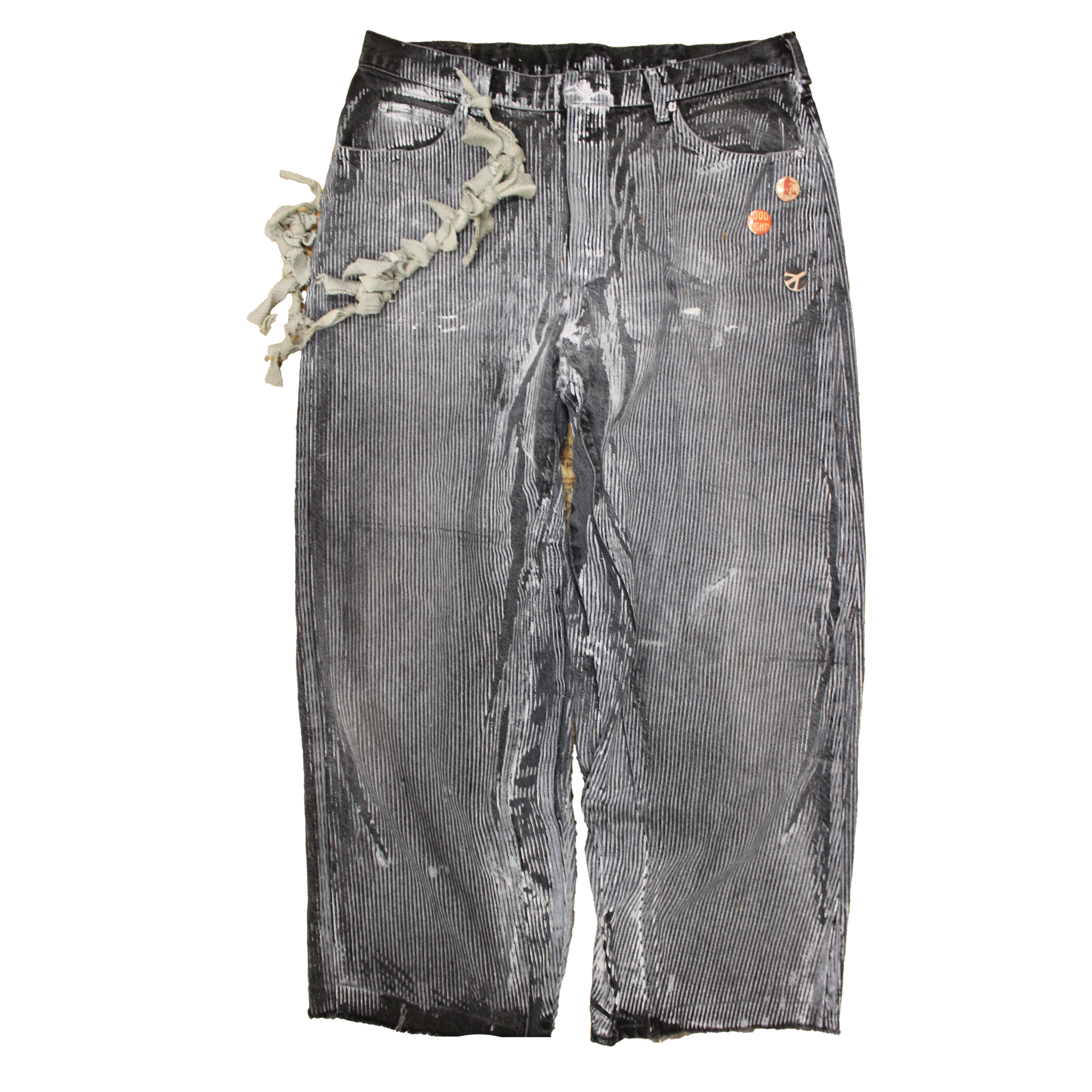 reclaimed vintage surplus denim screen printed with textile ink in snagstripe print. tailored for straight/wide fit. fitted with custom keychain, scrap chain, and leather patches