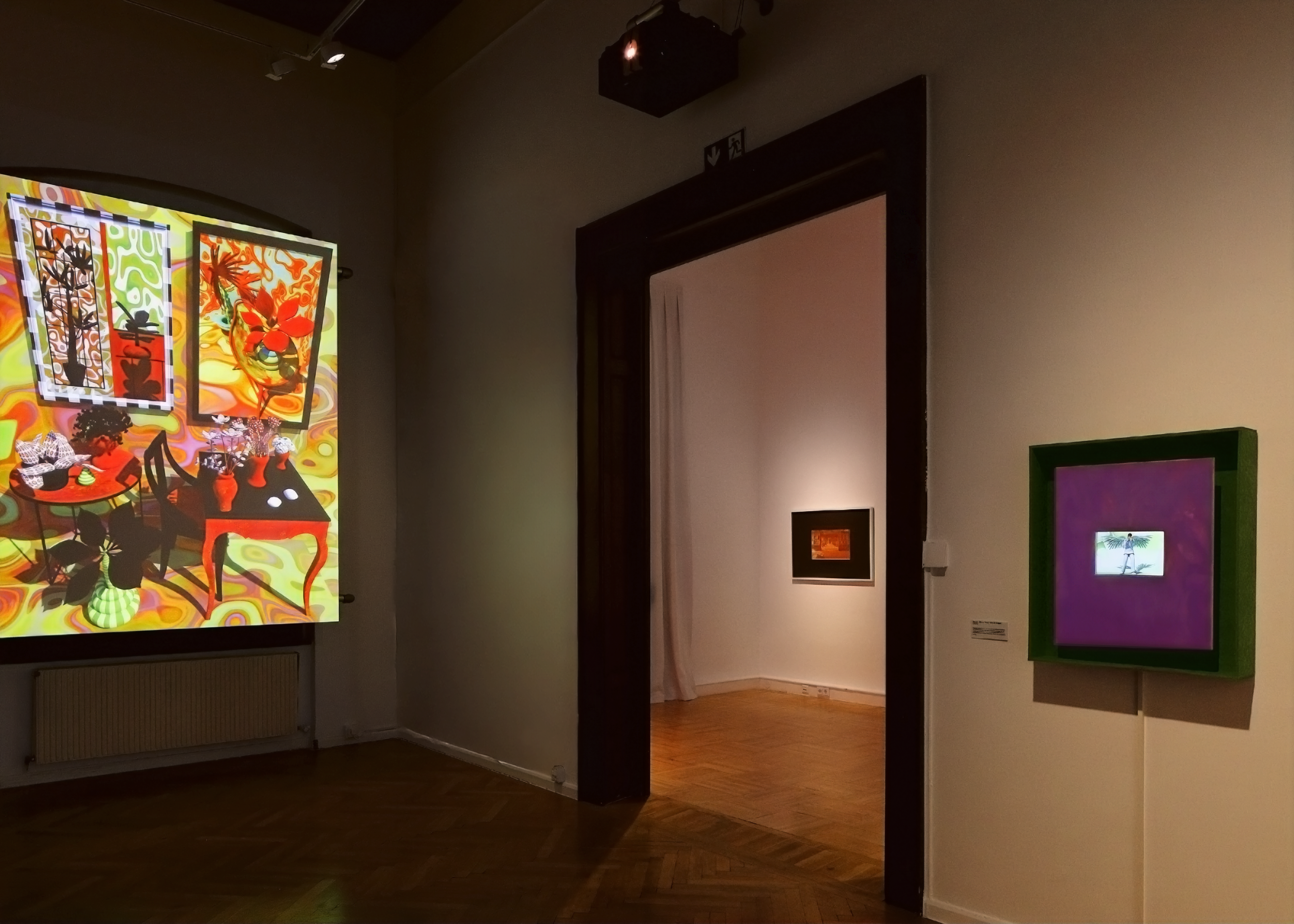 Big Red (2019), 3D animation made using Maya 3D animation software and Adobe After Effects; in  adjoing room, Hermitage 3.0 (2025), pigment suspended in resin, sprayed by computer-assisted UV  printing machine, rag paper, made from file produced using Adobe Photshop; Me as I Once Was - Not an Angel (2025), pigment suspended in resin pure pigment sprayed by computer-assisted UV  printing machine, ash wood, raspberry pi player, 3D animation, 4-minute loop, using Maya 3D  animation software and Adobe Photoshop, part of the Illumination series.   In the Hermitage series, Hart deals with the Second World War. She