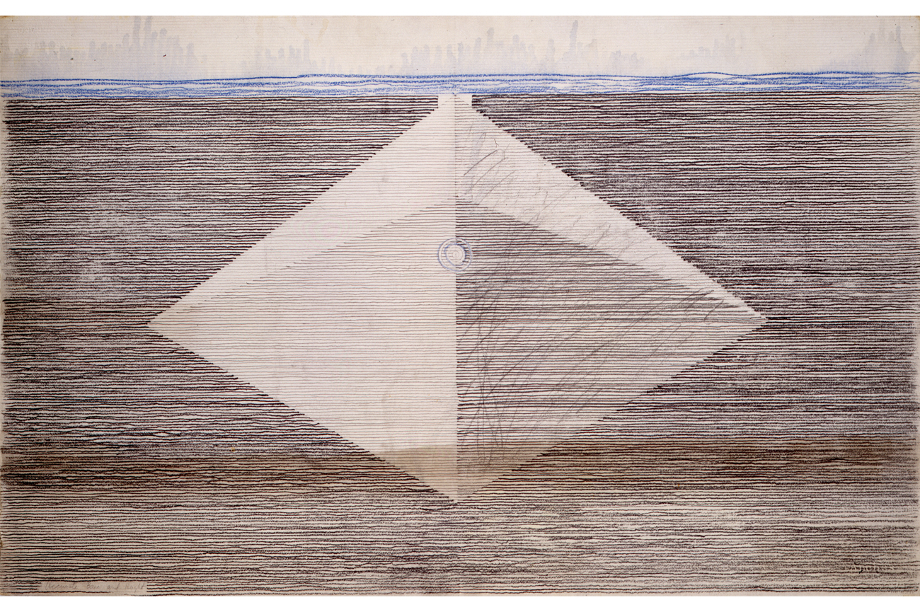 Juan DowneyAccurate Base and Height (Cheops Pyramid) de la serie "Mi casa en la playa", 1975Grafito y lápices de colores sobre papel84.46 x 117.79 cm