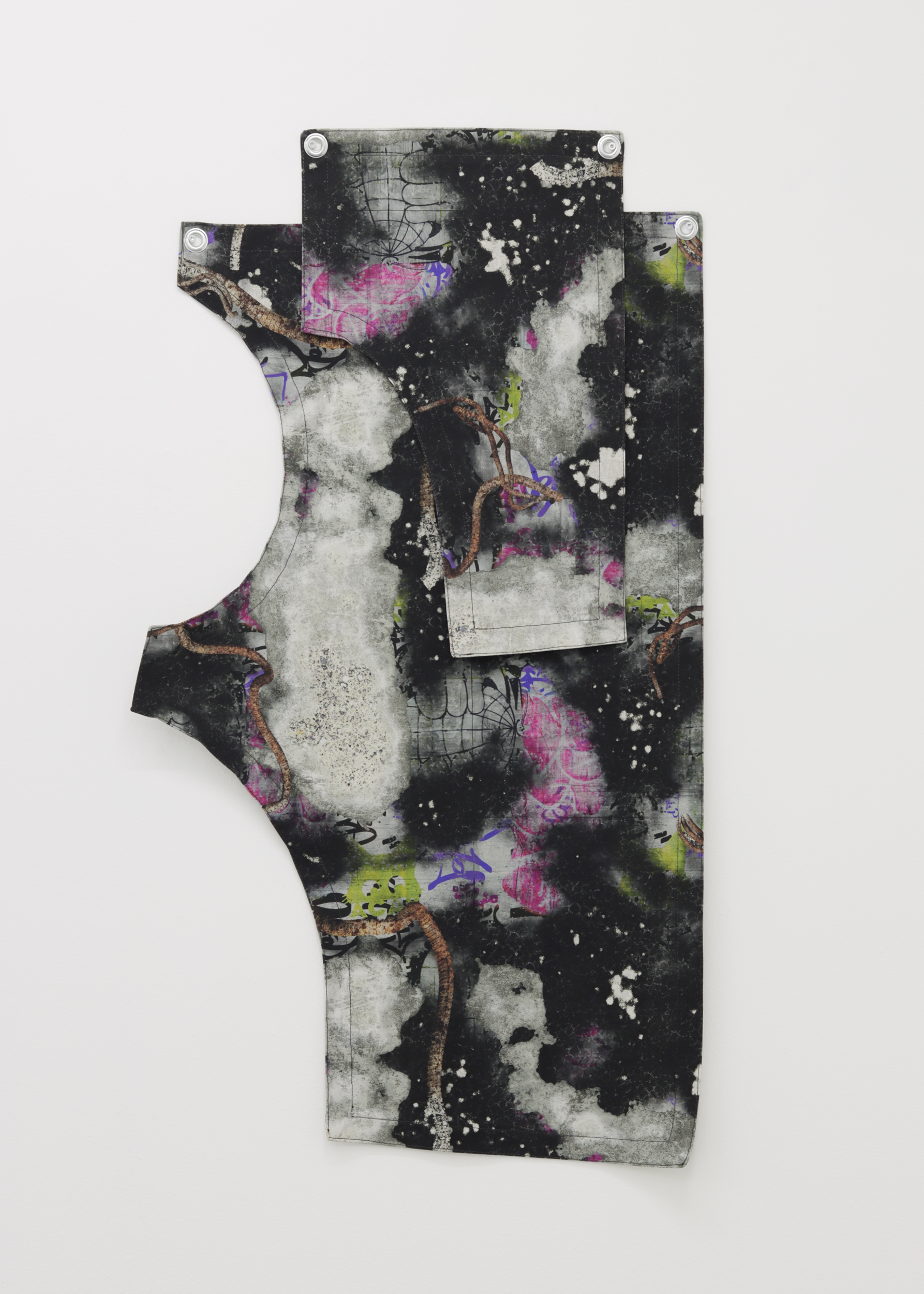 Indebted so it could be insured (Urban camo for arson site), 2023, reactive inkjet print on canvas, grommets, thread, 43 x 24 in. (109 x 61 cm)