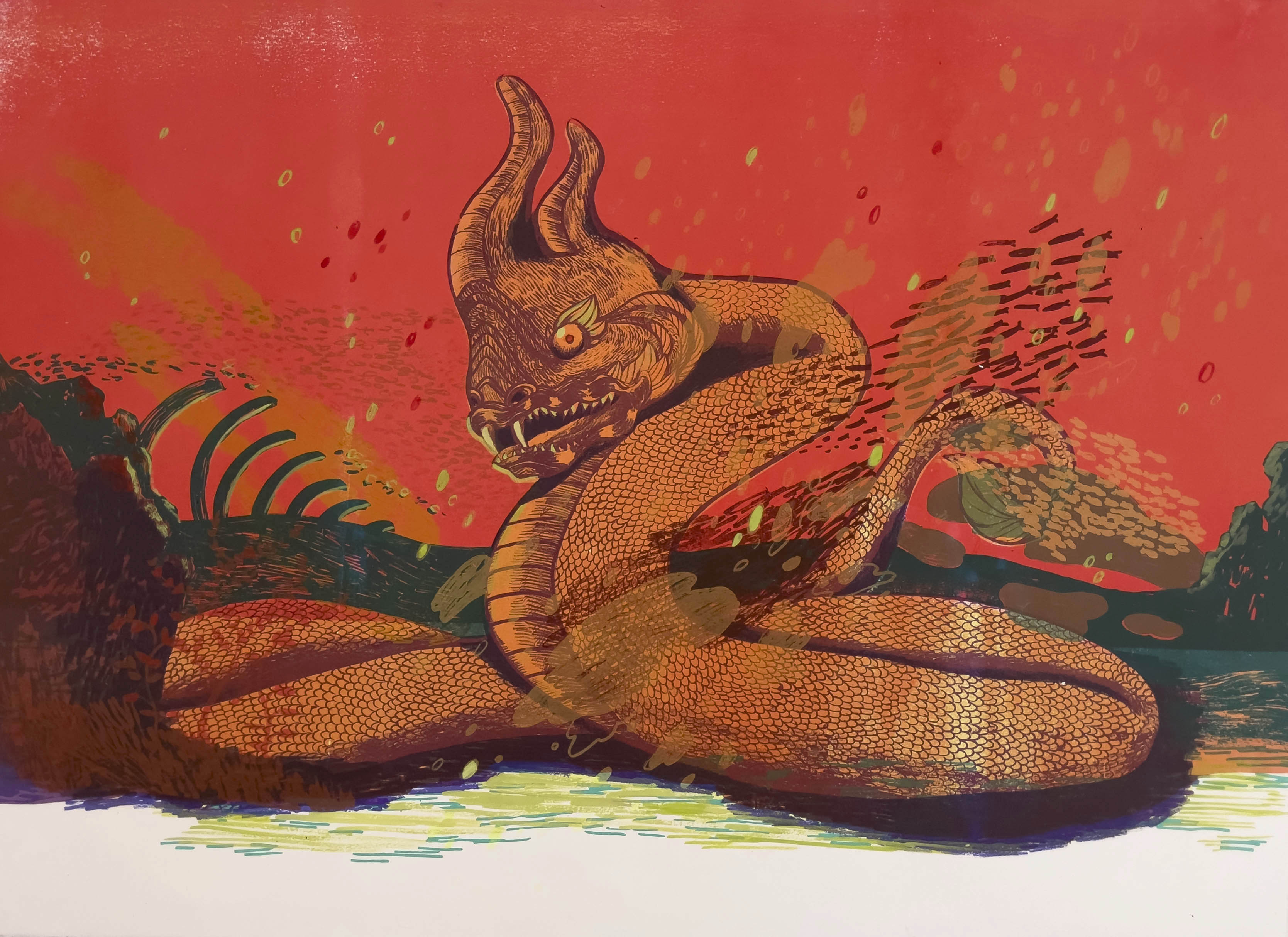 "The Naga's Ascension." Screenprint with gouache and colored pencil details. 22 in x 30 in. 2021.