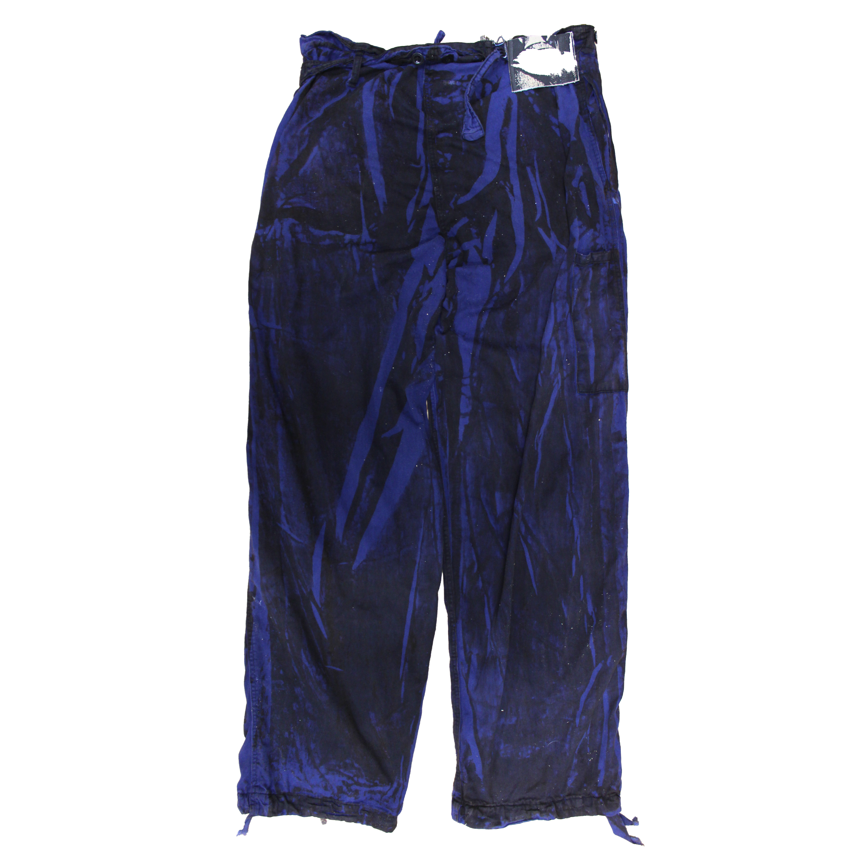 reclaimed vintage surplus denim screen printed with textile dye & various metals. tailored for straight/wide fit. fitted with custom keychain, scrap chain, and leather patches