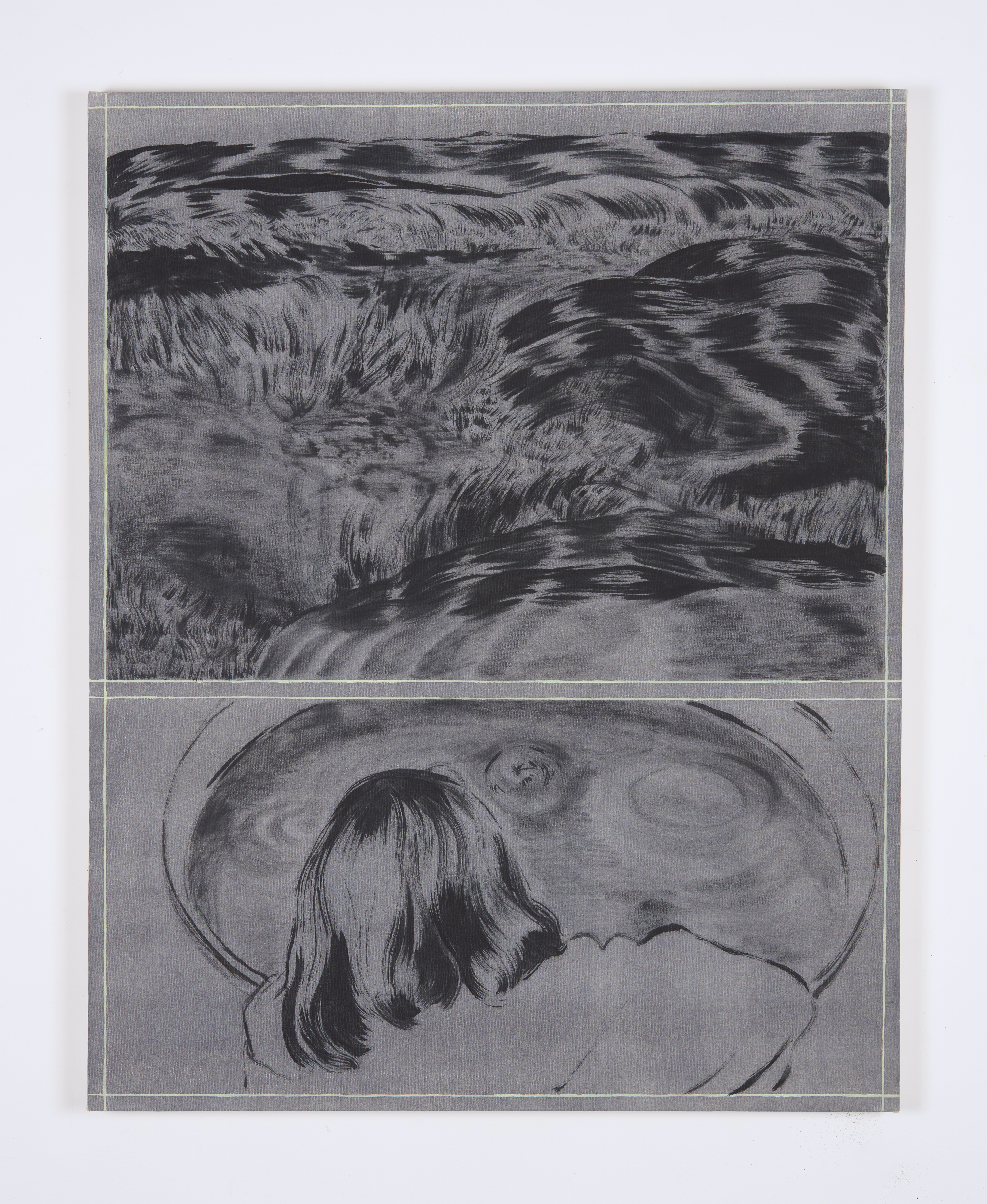 Apple Bobbing, 2022, Oil paint and charcoal on canvas, 35”x44”.