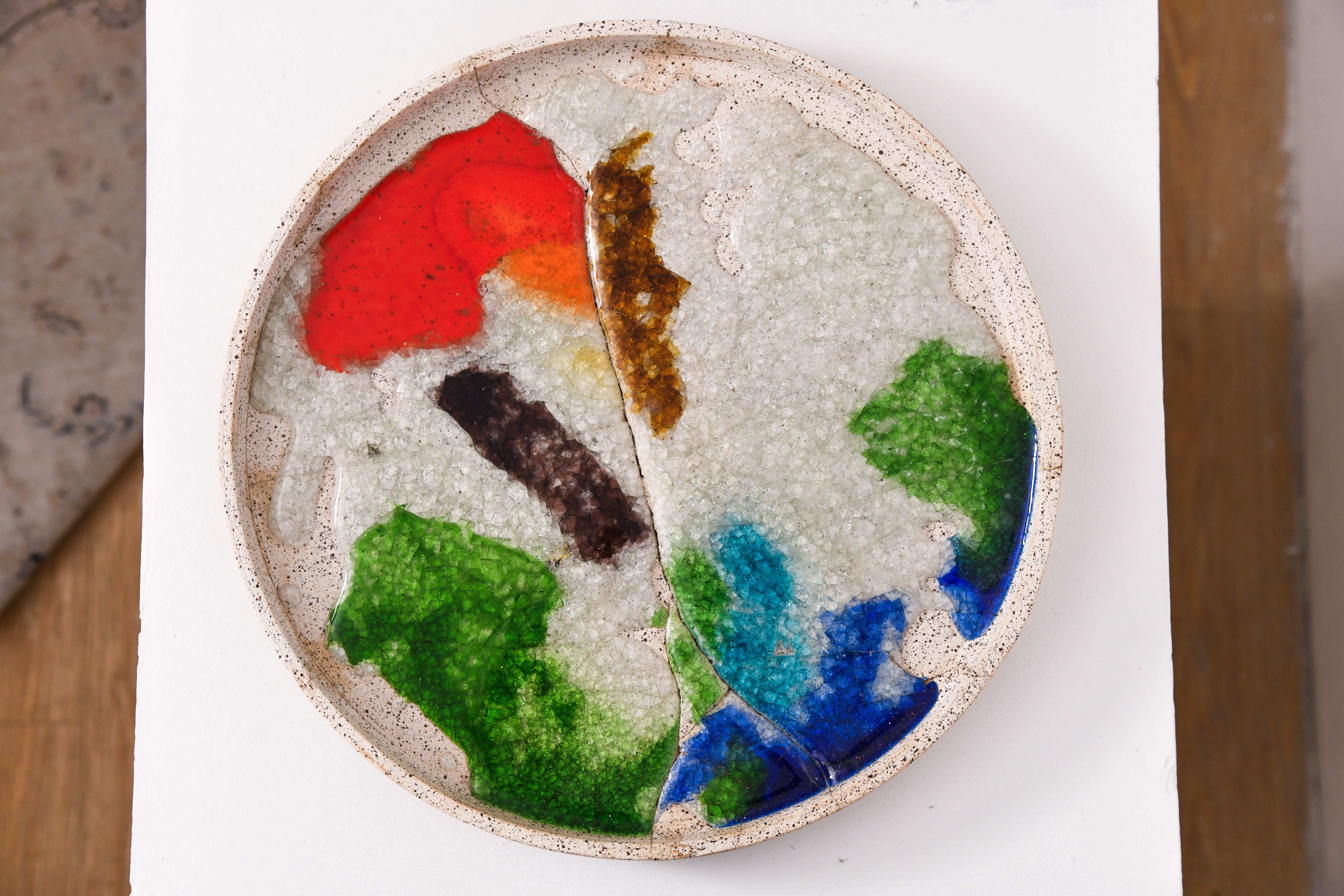 Fragments of Hope #2  | 2024 | 37 x 37 x 3 cm | unglazed, thrown stoneware, black sands, glass, 900C,1230C, 1150C 