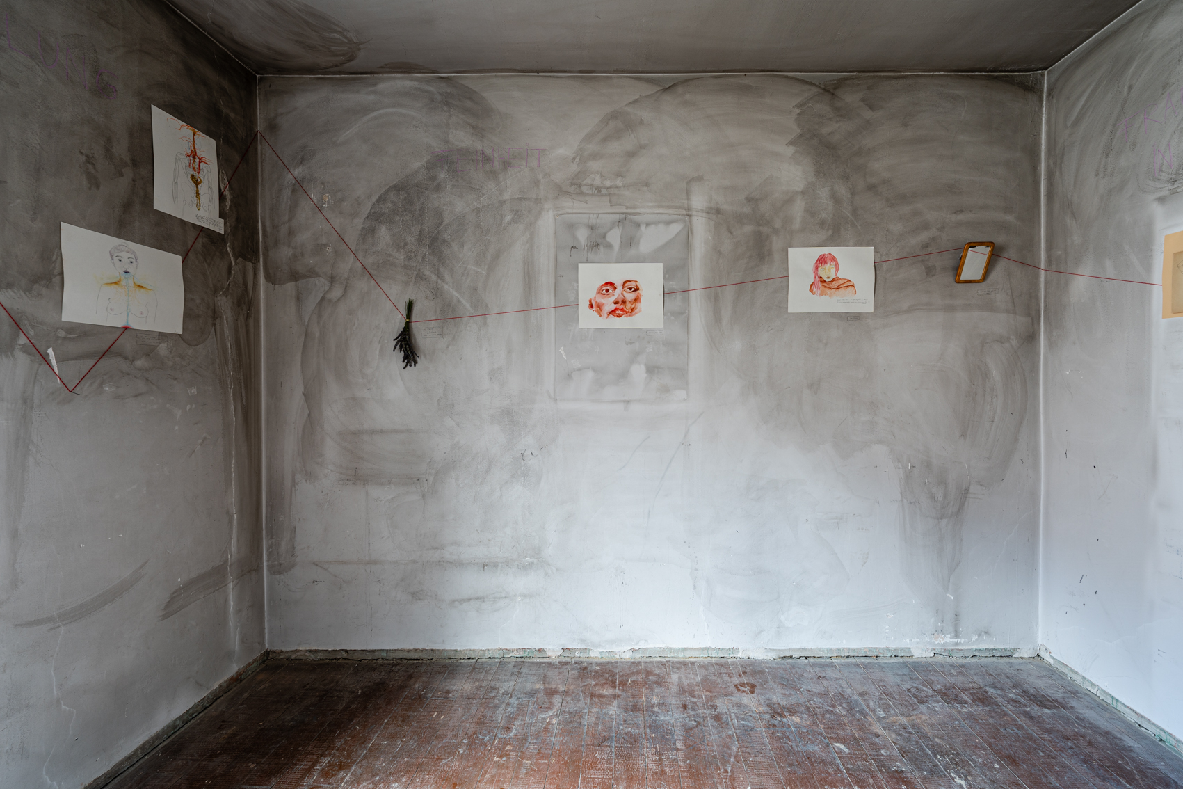 Bild 2 zu ImmerWiederNeuBeginnerin: An der Wand gegenüber des Eingangs hängt rechts ein kleiner Spiegel. Links davon hängen zwei Malereien von Porträts im Querformat. Das eine zeigt eine Frau mit roten Haaren und Pony, das andere ein Gesicht. Links an der Wand hängt getrockneter Lavendel.