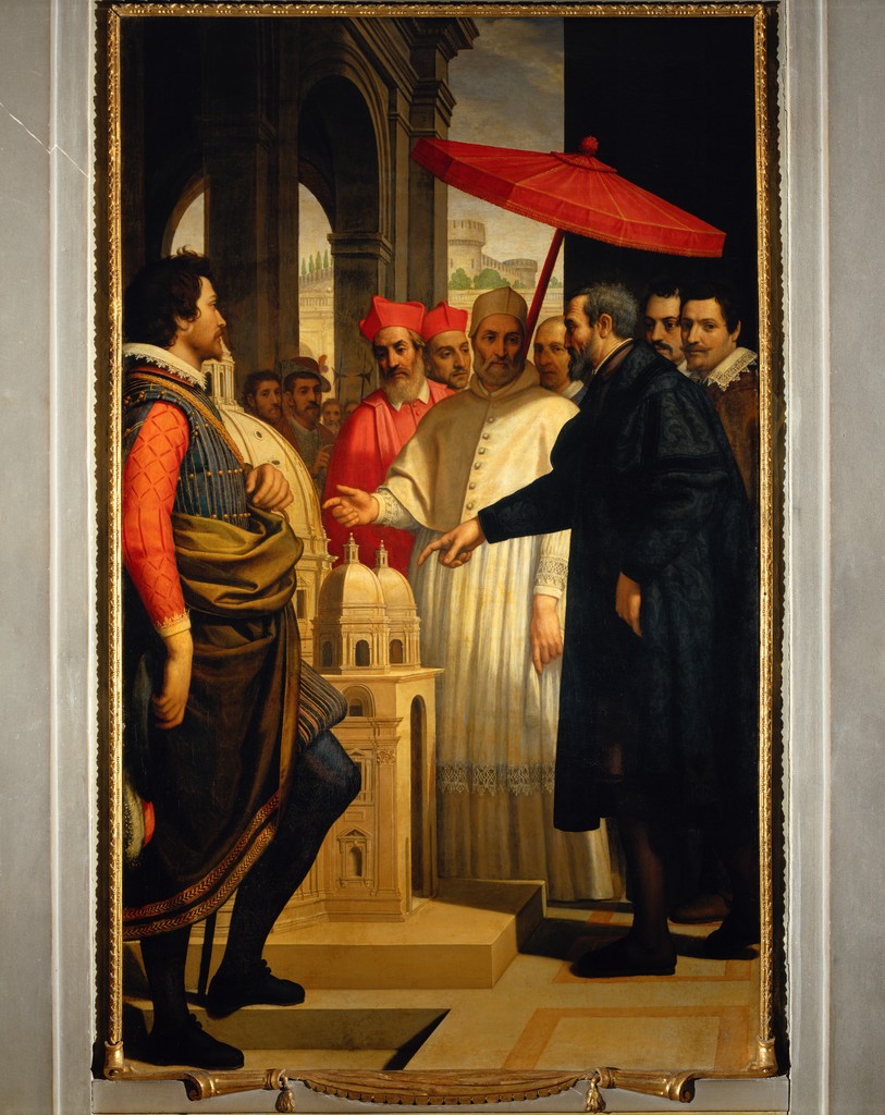 Domenico Cresti. 1618-19. Michelangelo Presenting his Model to Pope Paul IV. painting. Place: Casa Buonarroti (Florence, Italy). https://library-artstor-org.ezp-prod1.hul.harvard.edu/asset/SCALA_ARCHIVES_1039931667.