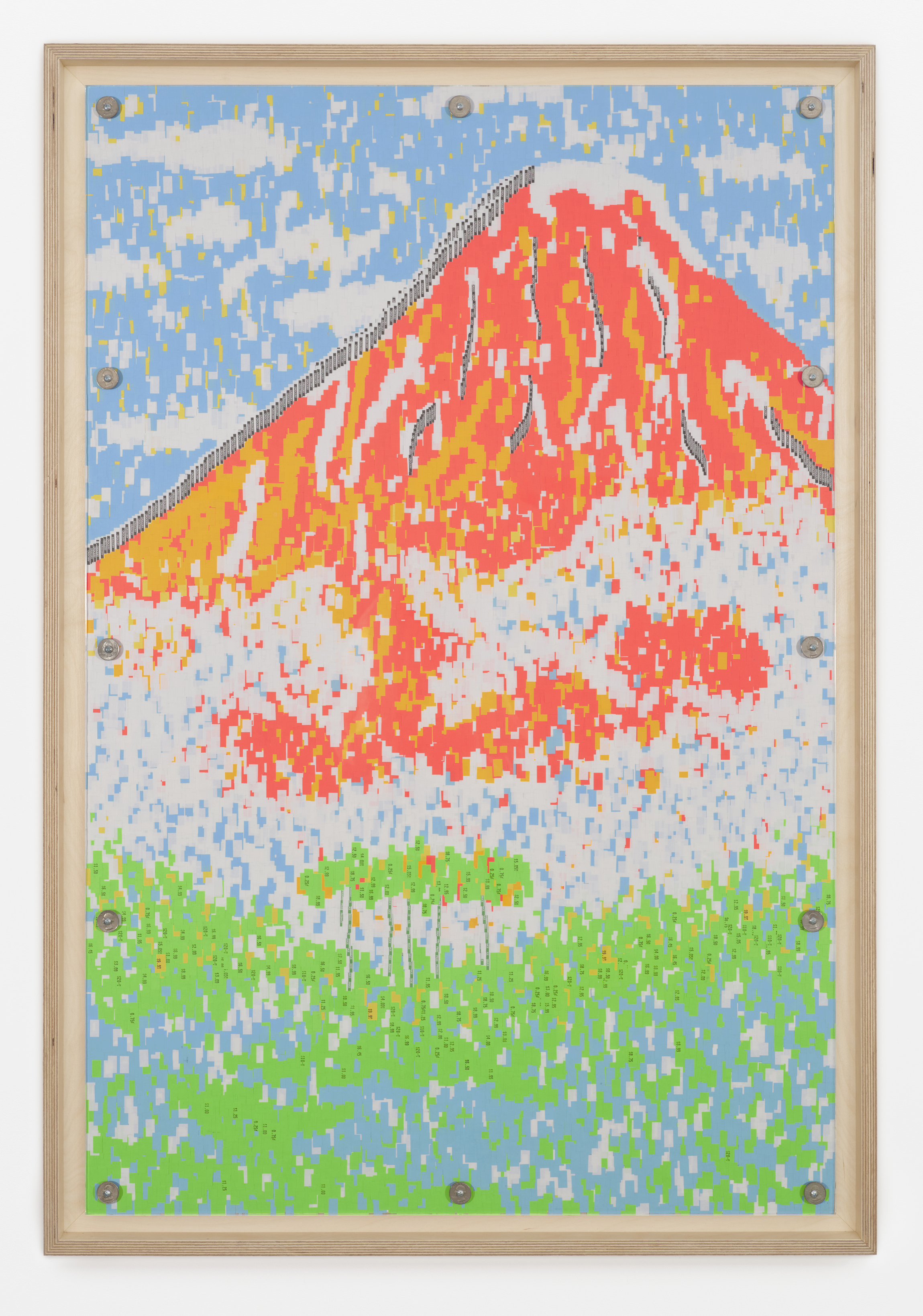 Neil Hamamoto WoodBlock (Hokusai 3), 2024 Signed and dated Price stickers, wood panel, acrylic, US currency, artist frame. 51 1/2 x 35 1/2 x 2 in 130.8 x 90.2 x 5.1 cm