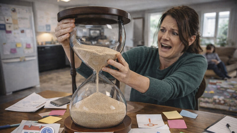 A project manager desperately trying to stop sand pouring from a giant hourglass while juggling calendars and checklists (icons only).
