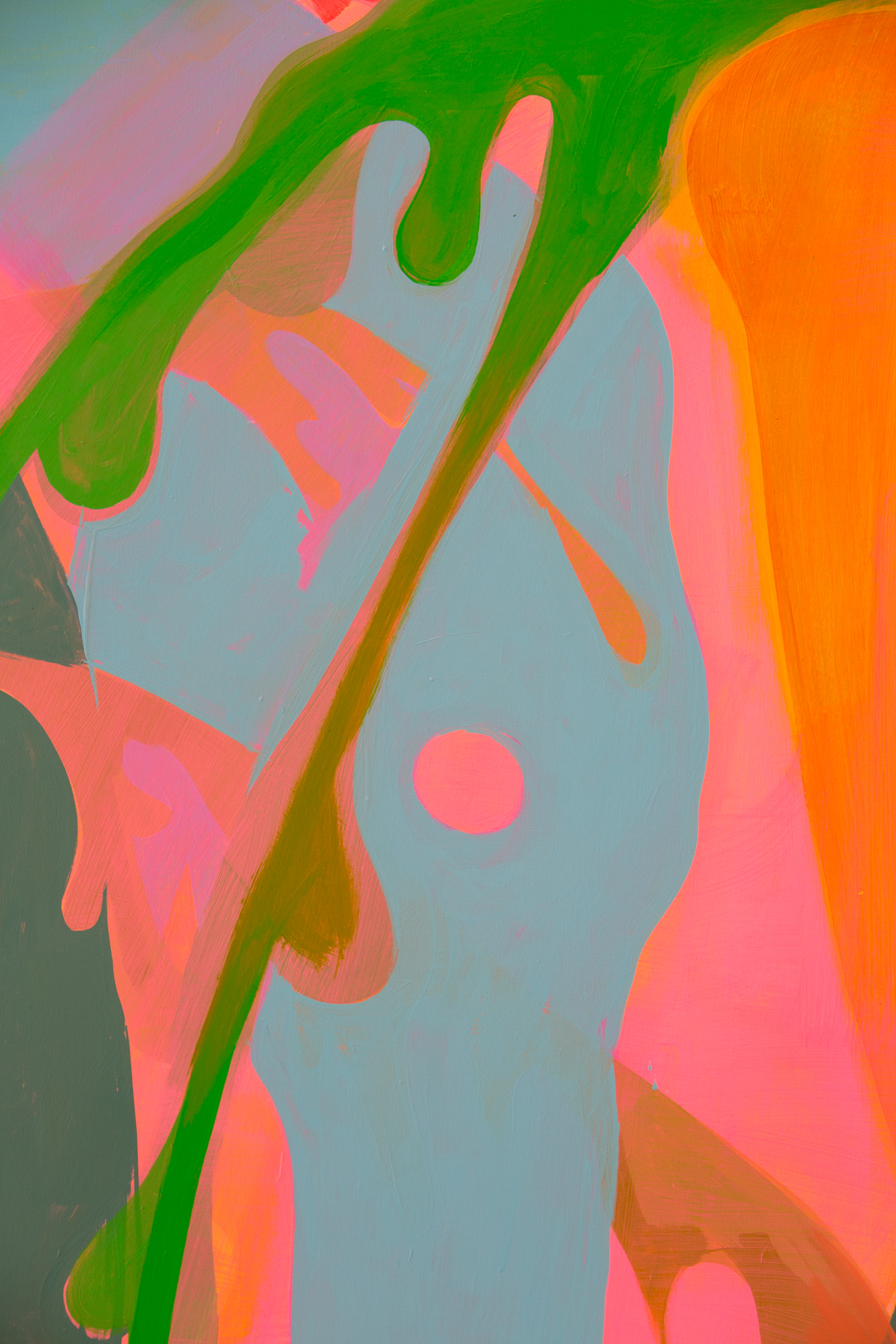 Nadir Sourgi, Gender a reveal Party (Pink light), Acrylic on canvas, 72x60”, 2022, Presented in Metonym at Bas Fisher Invitational as part of Waterproof Miami, Photo by Monica McGivern. Organic lines of green, pink, and orange intersect on and around a blue dog’s head on a hot pink background.