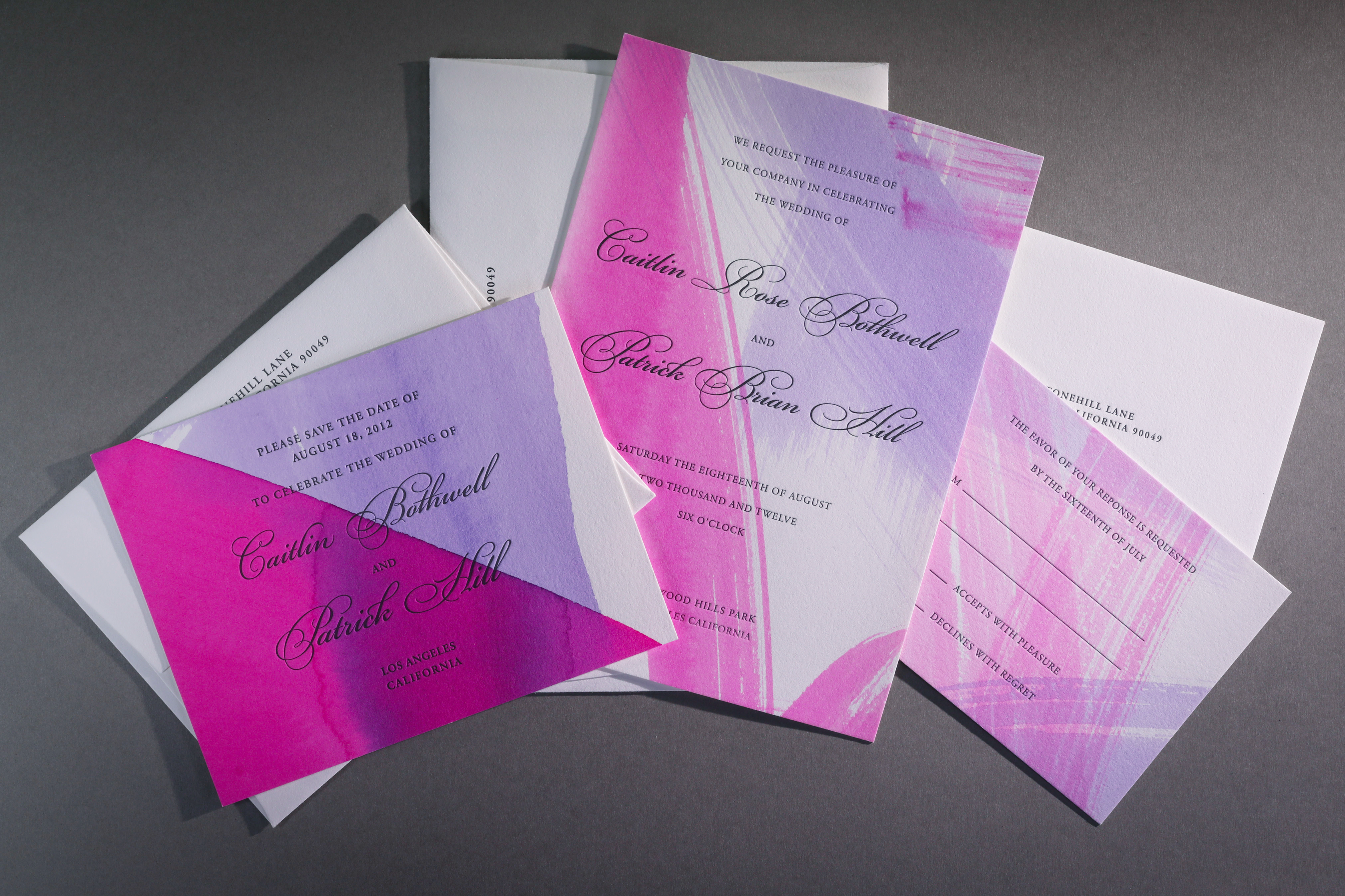 Caitlin & Patrick wedding invitationSavoy sheets were handpainted by the artist, the groom and cut to size for the three pieces.Letterpress in black ink.Paper and envelopes Savoy in natural white