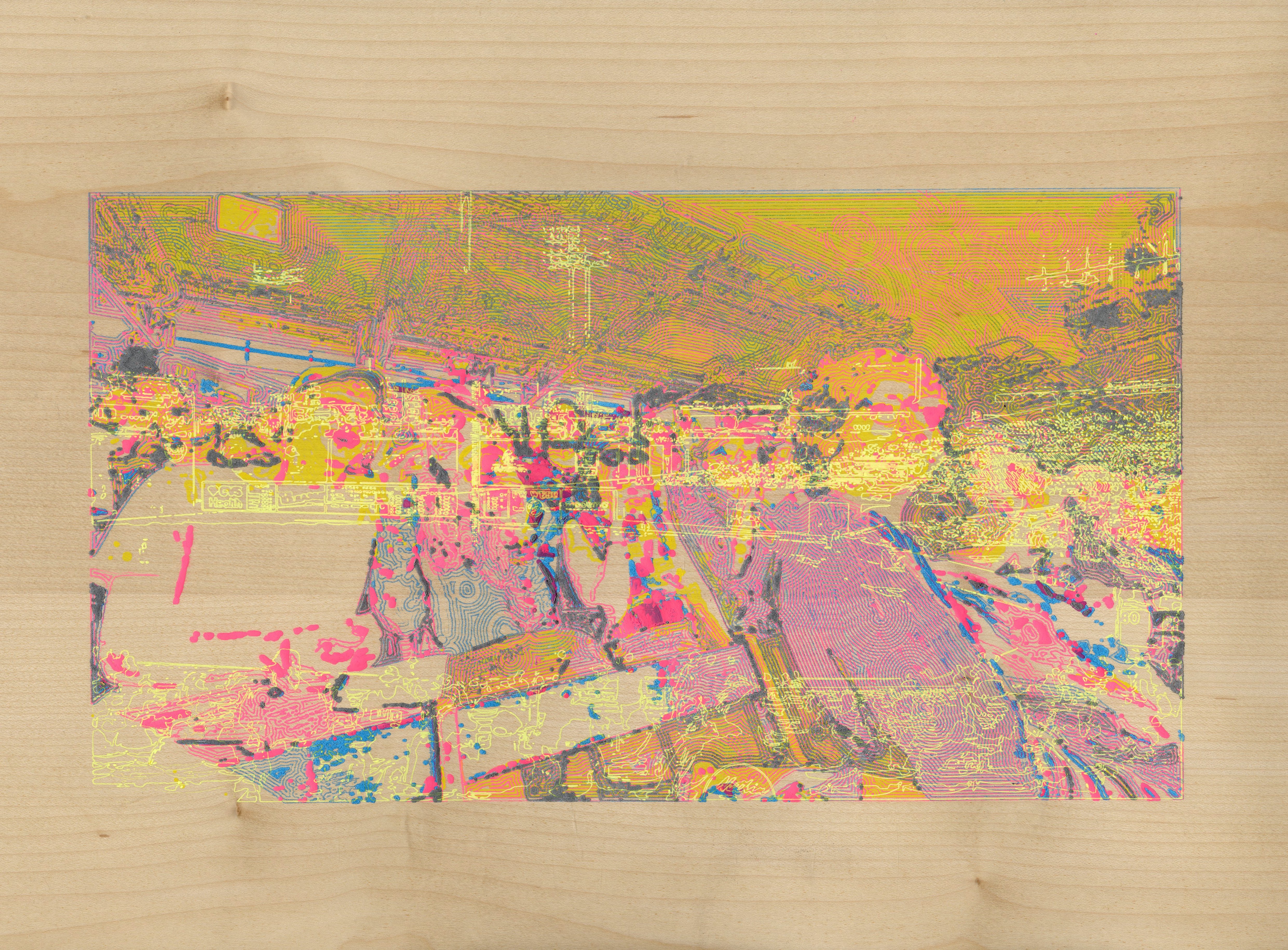 Cincinnati Reds vs. Boston Red Sox; Gel ink (5 colors) on pine veneer; 12.5 × 19