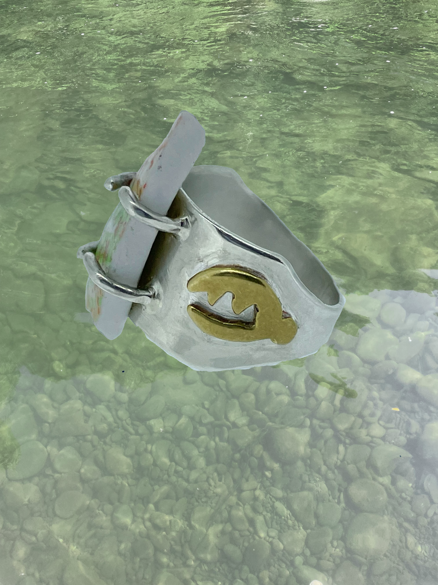 Esopus Ring, silver, brass, found ceramic, 2023