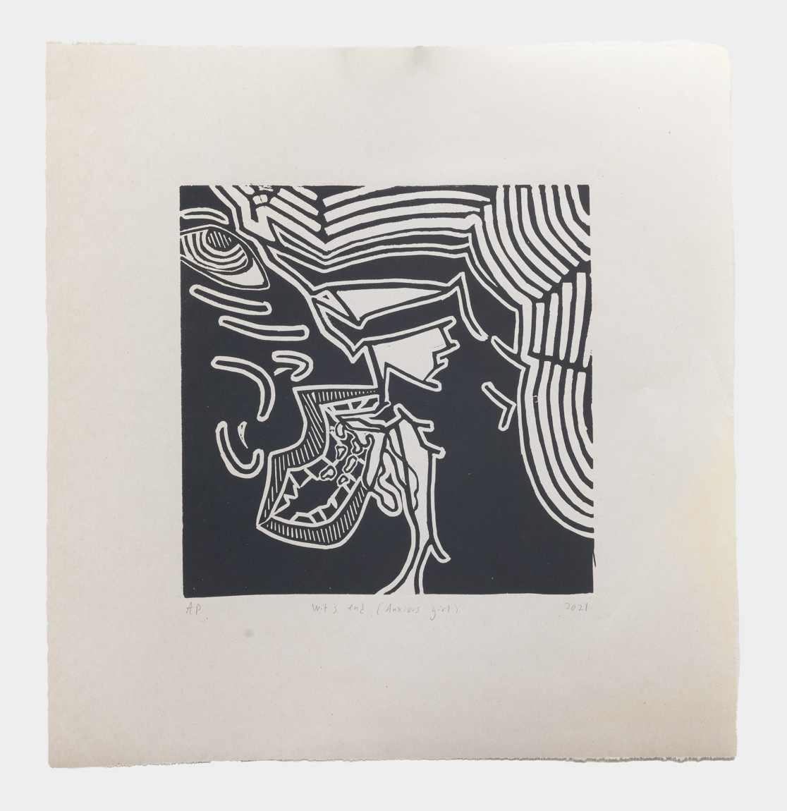 Wit&rsquo;s end (Anxious girl) | Linocut on newsprint | 9 x 9 in | 2021