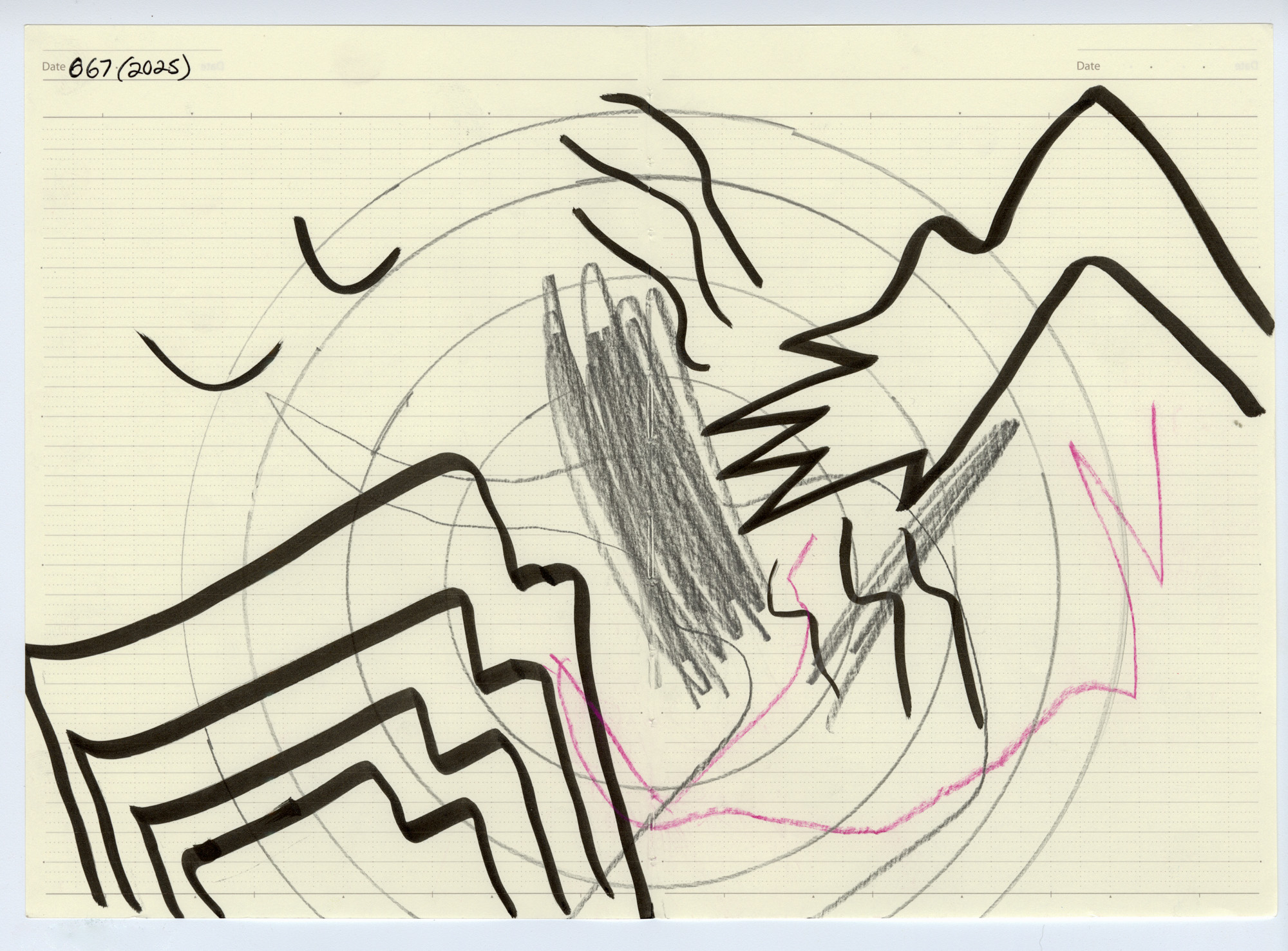 067. 2025. Graphite, colored pencil, and marker on ledger paper. 11.5" by 7.875"