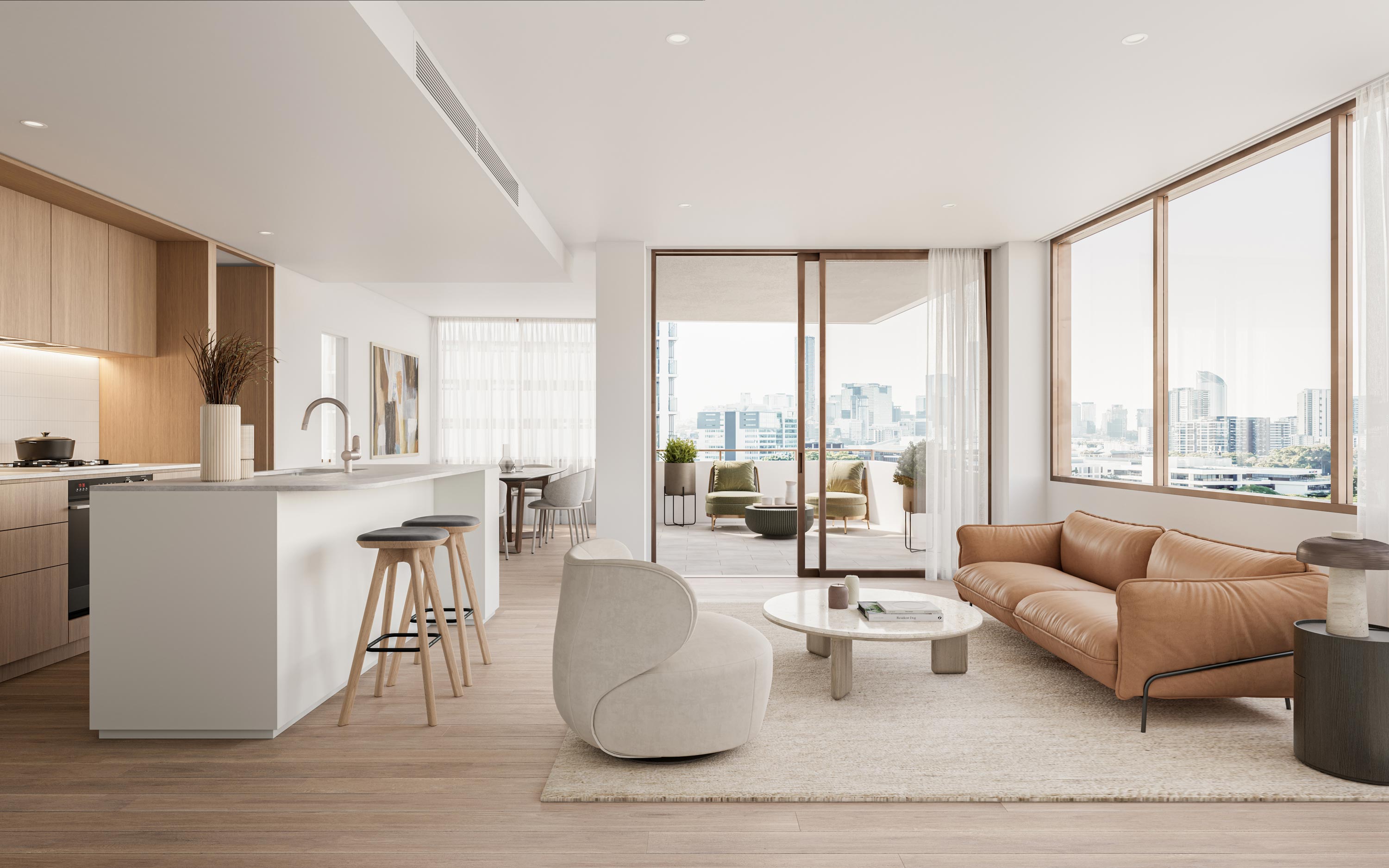 A modern apartment with a city view: sleek design, panoramic windows, and urban skyline in the background.