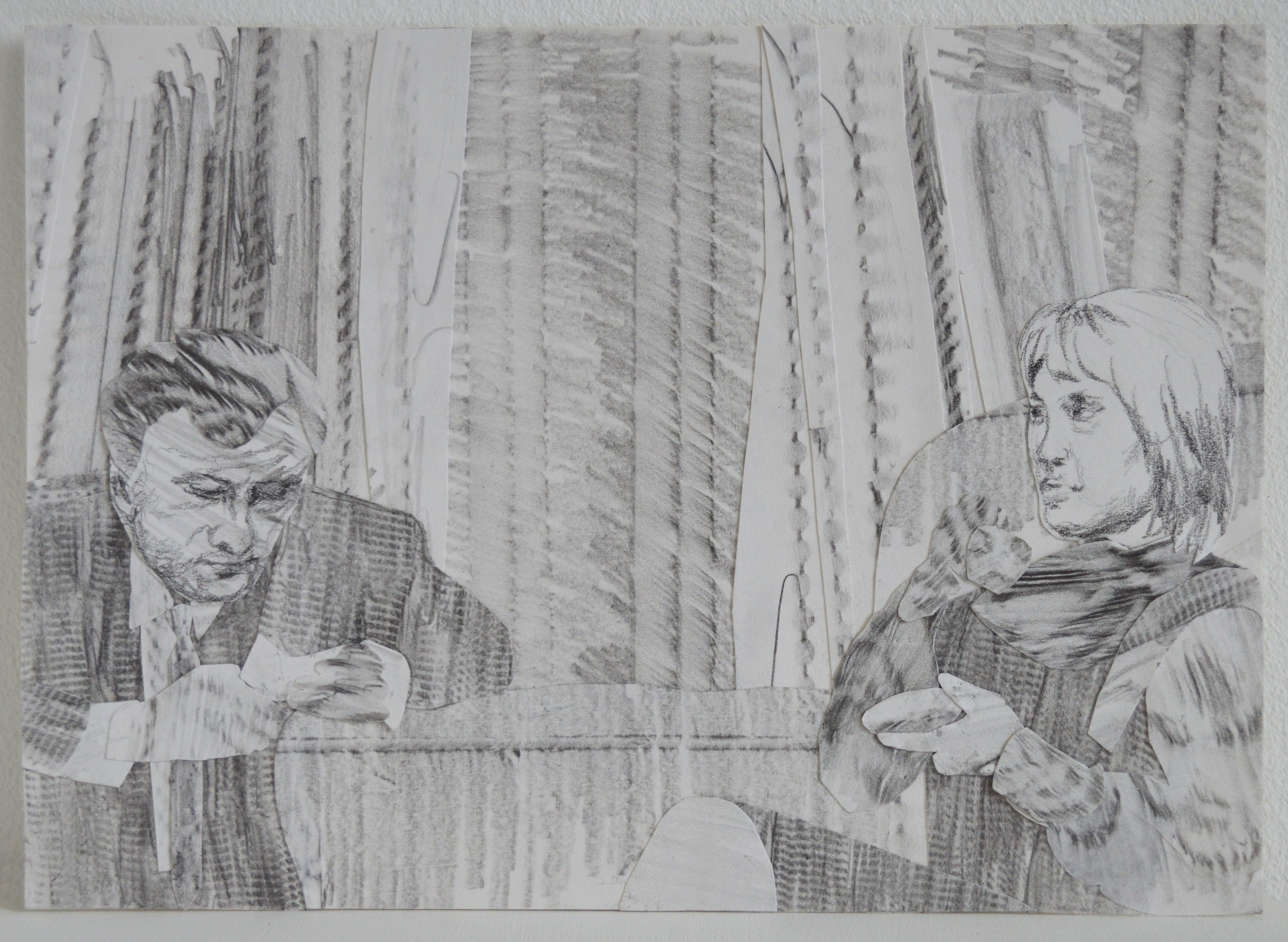 omi and opa expecting their first child, 1962   collage made from graphite rubbings, unframed 15 x 21 cm   I've been using my grandma's spare room as my studio space for a couple of years now. In the last few months I've started to notice the house surrounding the room slip into my practice. Omi and I look at family photos together in her bedroom sometimes, and as I walk back to my studio room I run my hands along banisters, light switches and doorknobs. I painted the walls of my little working space white, but the rest of the house is a sage green with wallpaper trimmings.   My grandpa had an accident that left him brain damaged in his middle age, so he slept in a separate room. When I knew him, he spent most of his time, aside from meals, in that room, surrounded by clocks, counting his coin collection and tinkering with other oddities. In the years after he died, the room became a study, but the fixtures remain the same, the little lamp is still hanging above where his bed used to be.  Visiting their house as a child I would be sent up to his room to talk to him, and I remember the feeling of running my fingers along the embossed doorknob leading to his room more so than I do his words, which were quiet and strained from Parkinson's. He had a wild imagination and told many stories, although the only one I can still recall was something involving a washing machine.