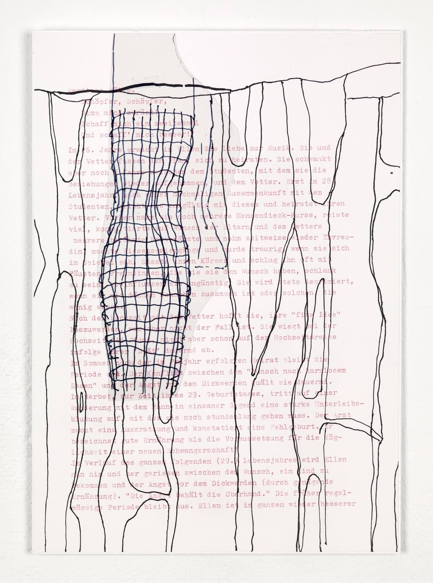Fragments (Ellen W.)  – 31 Felt tip pen, gouache pen, acrylic sheet on typed paper 29,7 x 21 cm
