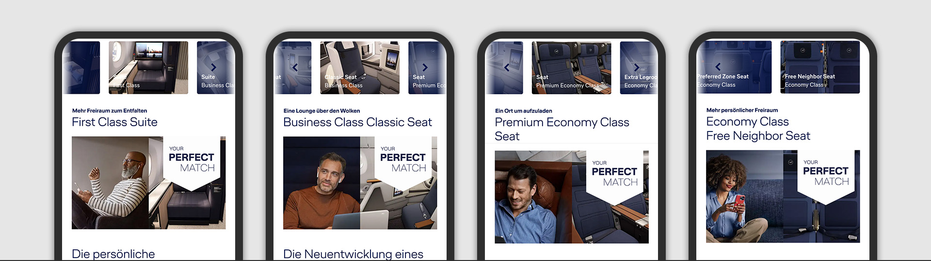 Mobile device views displaying the key visual examples for each of the four seat classes