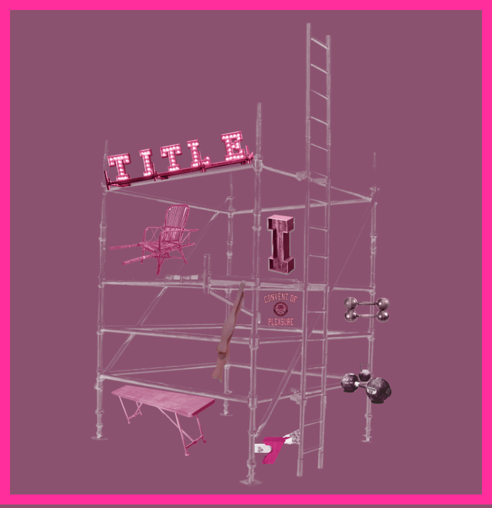A small magenta icon of a freestanding scaffolding system with various pink components floating in it, including marquee letters, a rattan chair, a locker room bench, dumbbells, a latex bowtie and a collegiate seal. Surrounded on all four sides by a hot pink border.
