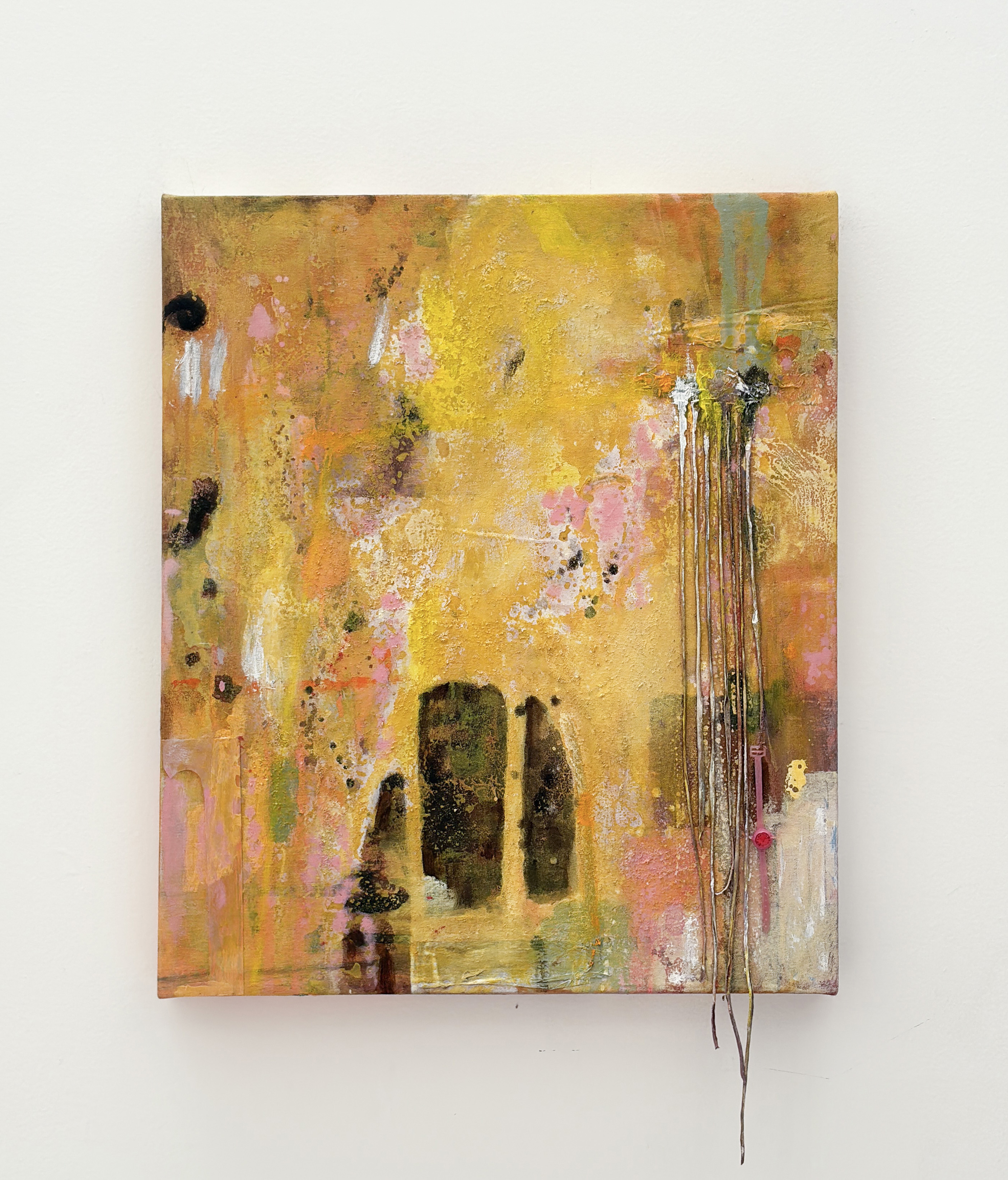 Drenched, 2025 Oil and acryilc paint, marble dust, found object and paper on canvas 25 5/8 x 21 5/8 in 65 x 55 cm