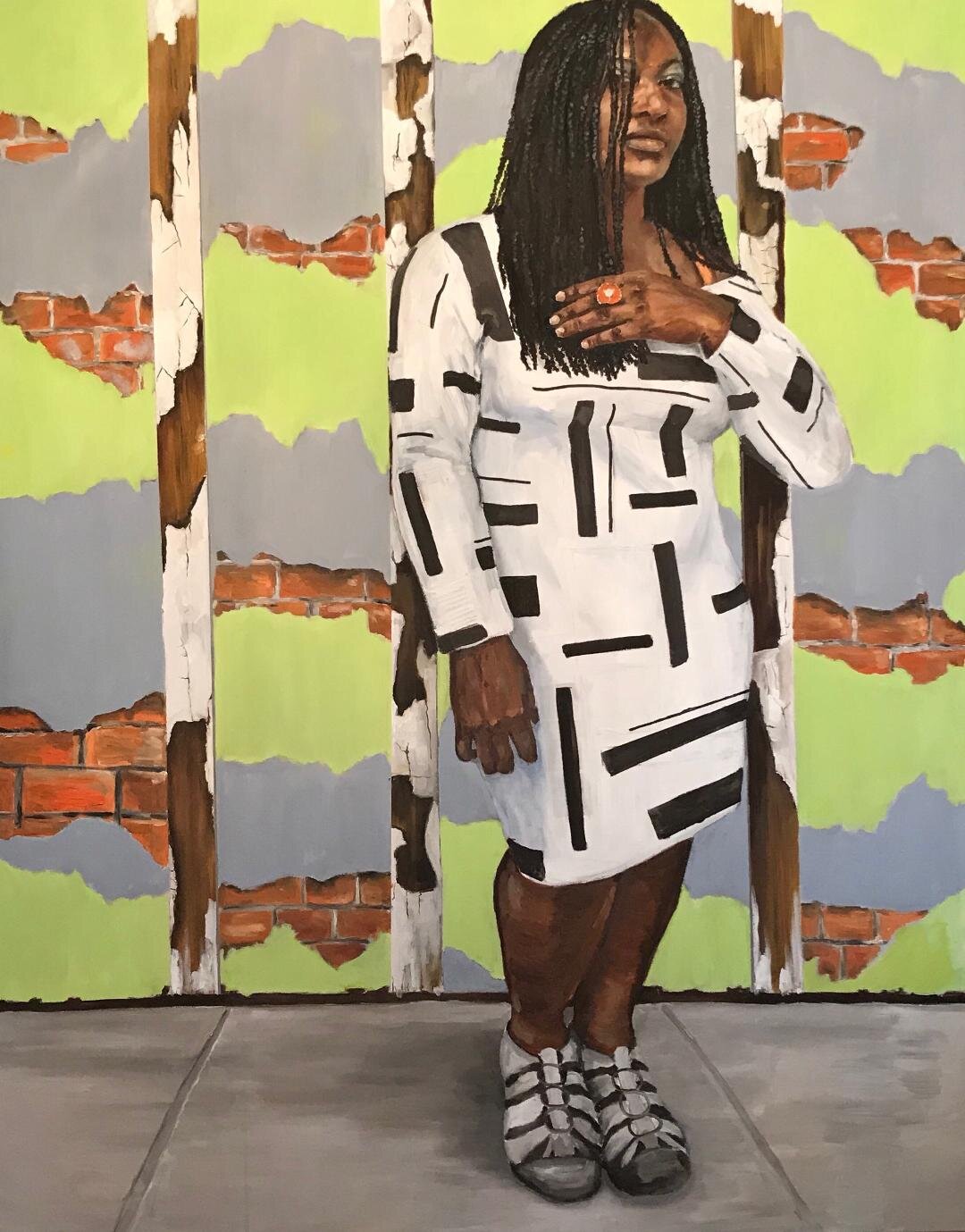 A portrait painting of a middle aged woman with a medium dark skin tone and long braided hair, who is wearing a knee length white dress with a sparse black geometric pattern, and is standing with her left hand hand gently over her heart, and is in front an exterior painted wall on the sidewalk.