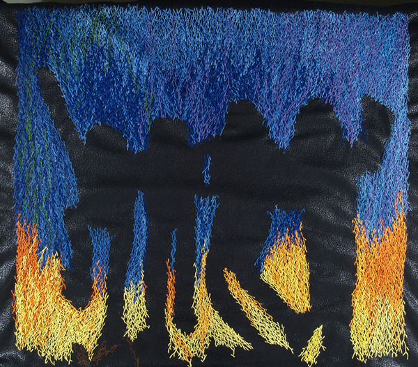 Destroyer. Embroidery on pleather. 14" x 14". 2013. Photo: Tim Thayer.