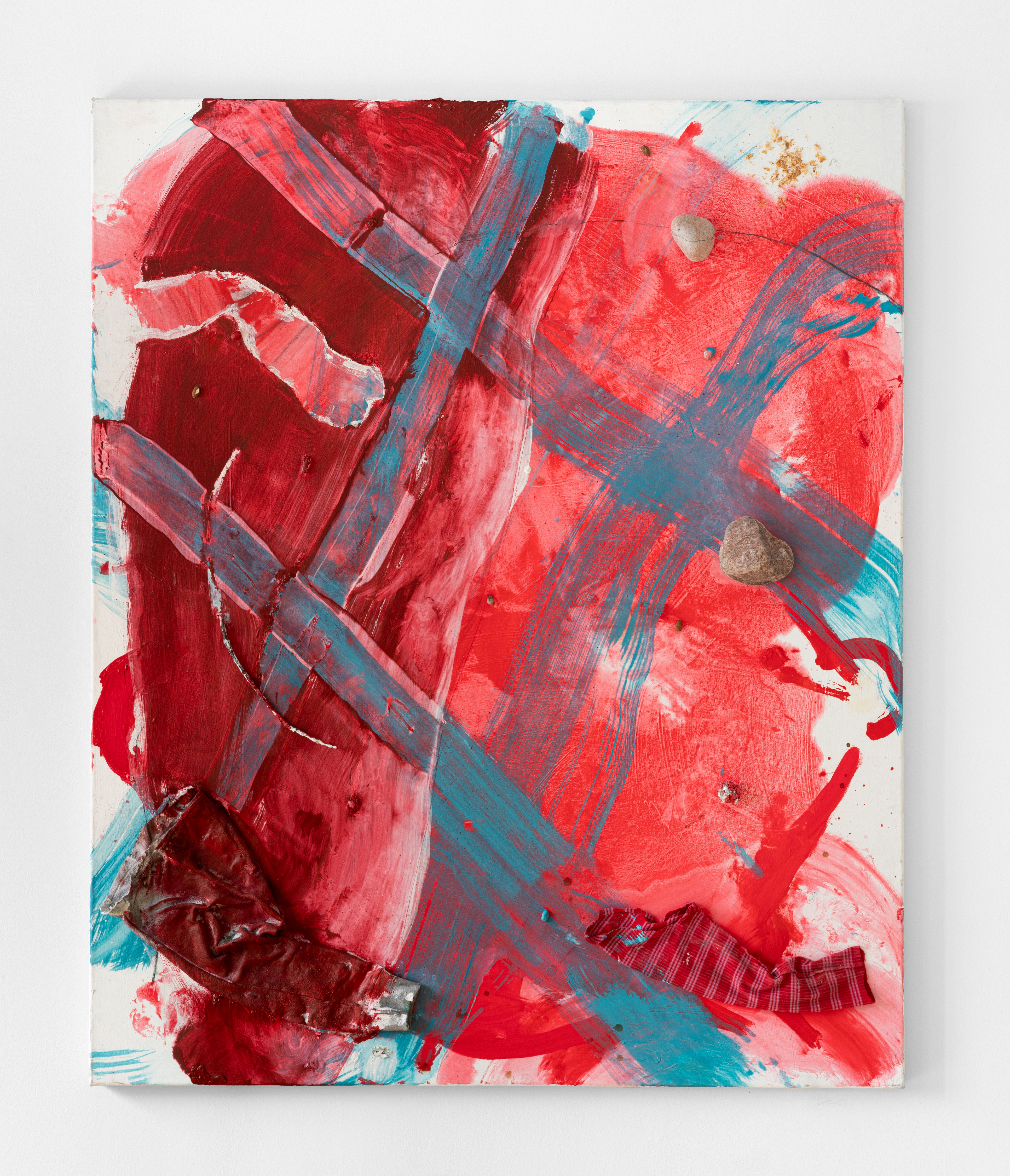   Red Ground   55"x67"  oil, acryluc, sleeves, stick, rocks, tinfoil, almonds, raisins, crumbs on canvas