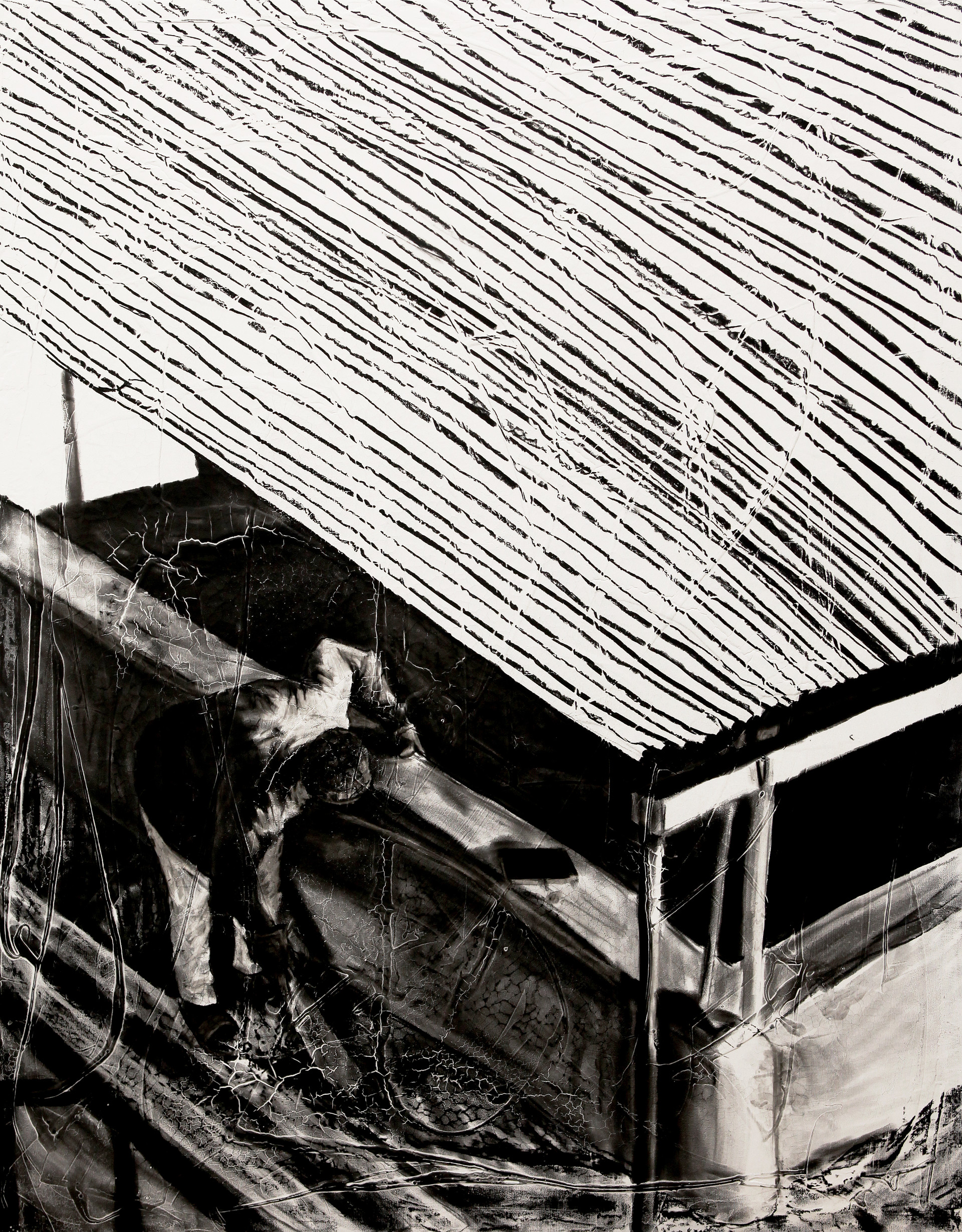 Kathmandu old man, 2018, charcoal, industrial paint on abandoned canvas, 116.7*90.9(cm)