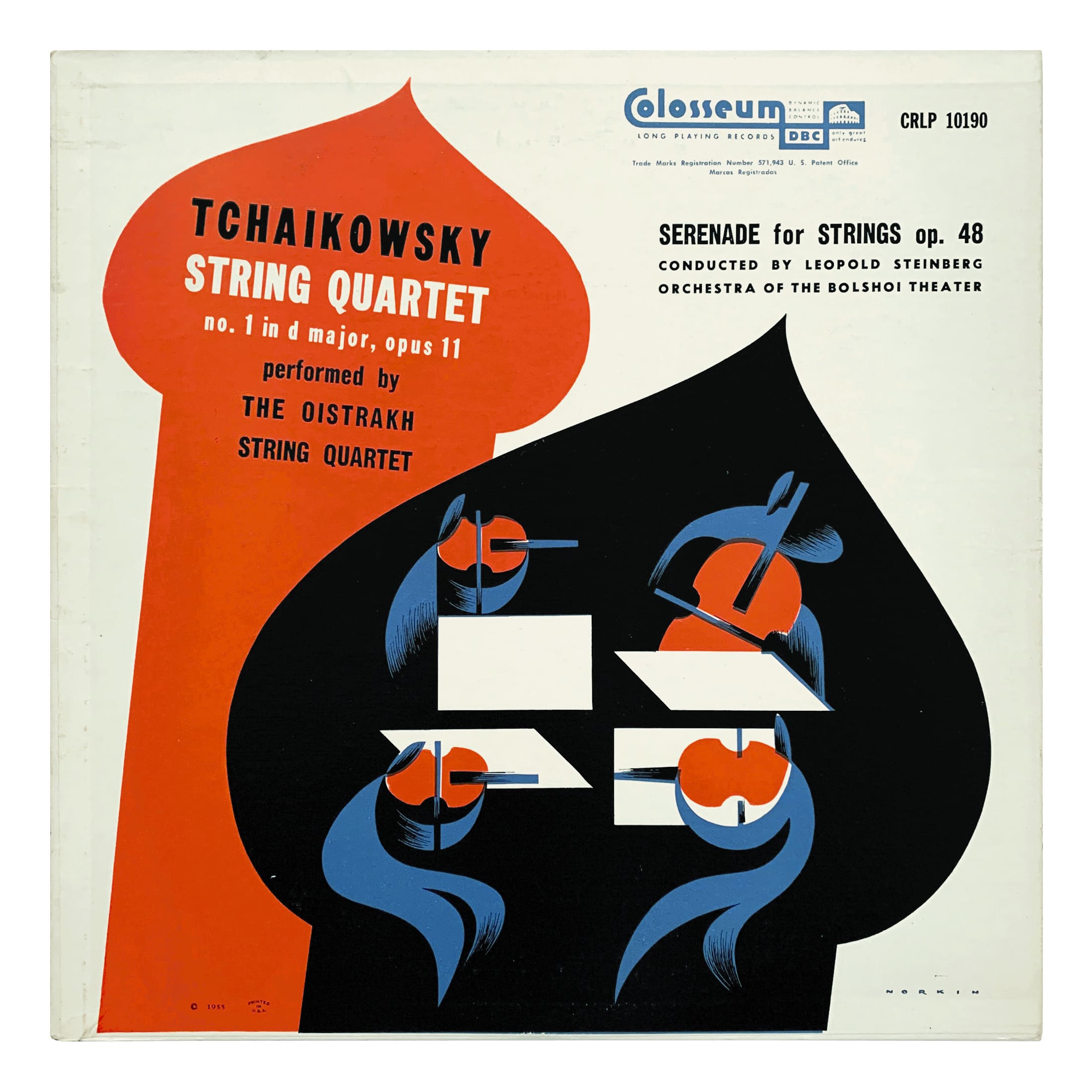 Colosseum CRLP 10190 Pyotr Ilyich Tchaikovsky - String Quartet No.1 in D major, Op.11; Serenade for strings in C major, Op.48 Bolshoi Theatre Orchestra - Leopold Steinberg David Oistrakh | Piotr Bondarenko | Sviatoslav Knushevitsky | Mikhail Terian Design: Sam Norkin (credited)