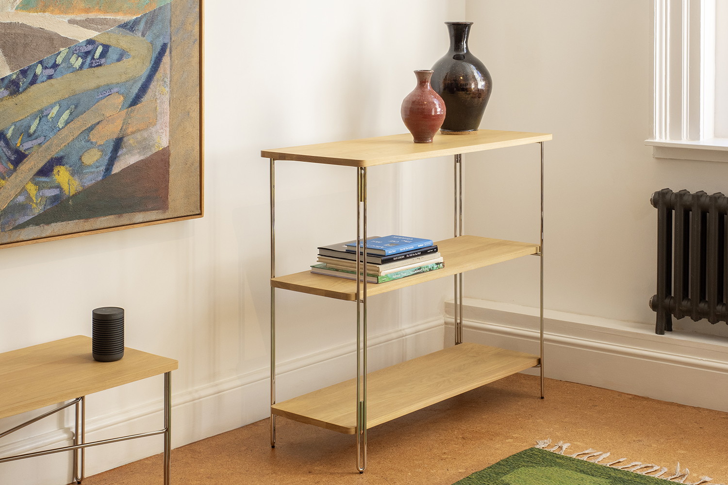 NINE - Inline Floor standing shelf, oak / polished stainless steel