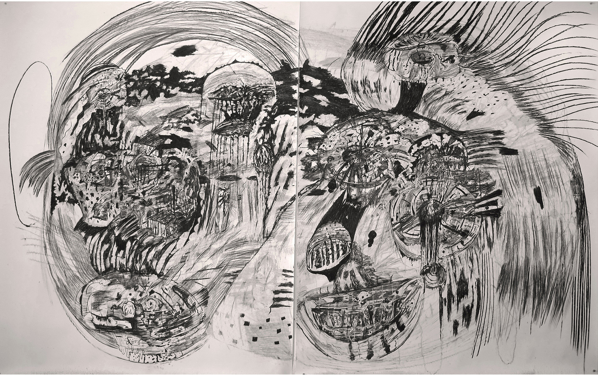 "Untitled", 2017. Charcoal on paper, 180 x 300 cm