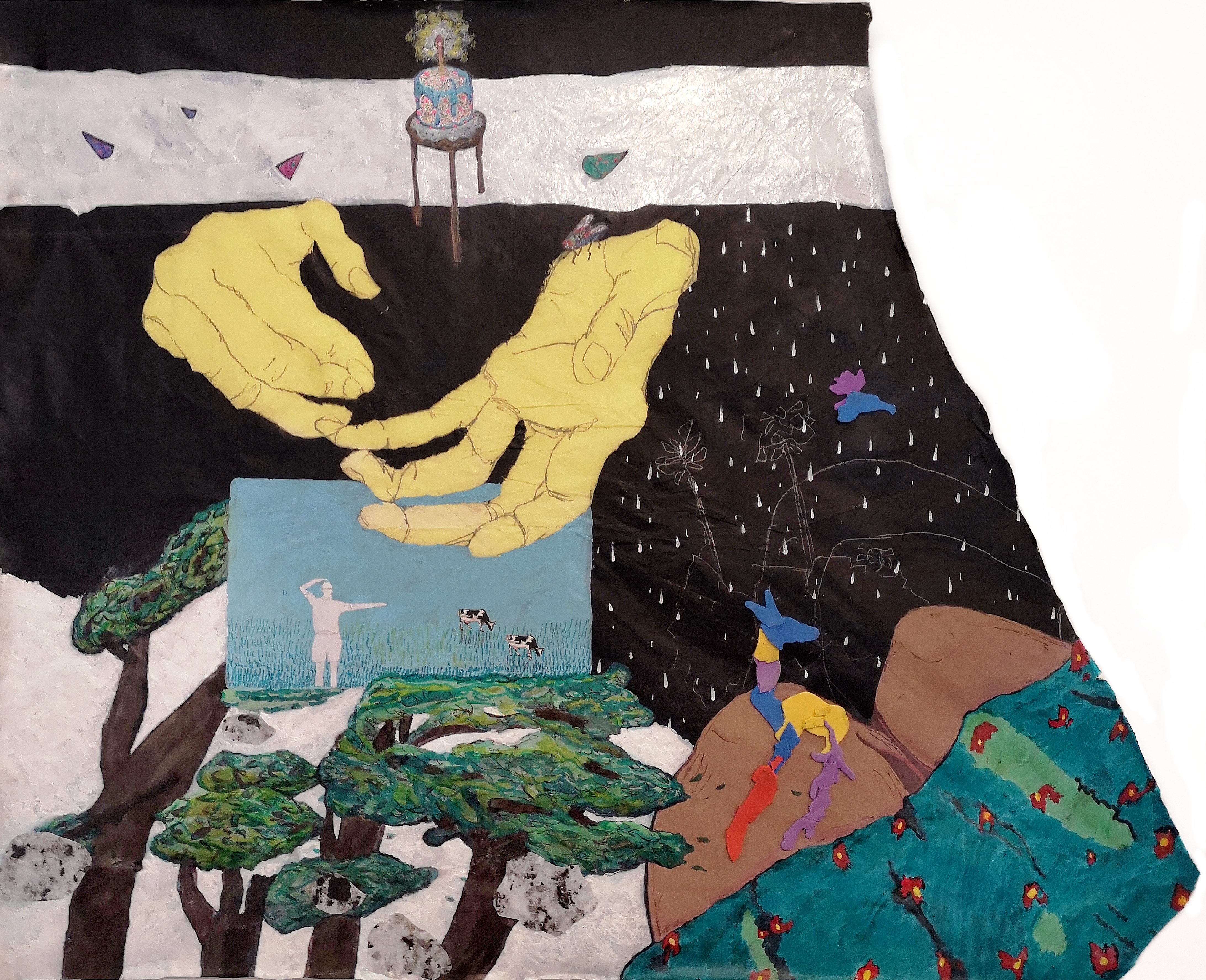 Les papillons de ma jeunesse, 2020 (acrylic ink, markers, pencil, cut-outs and watercolor on package insert; 54x74cm)