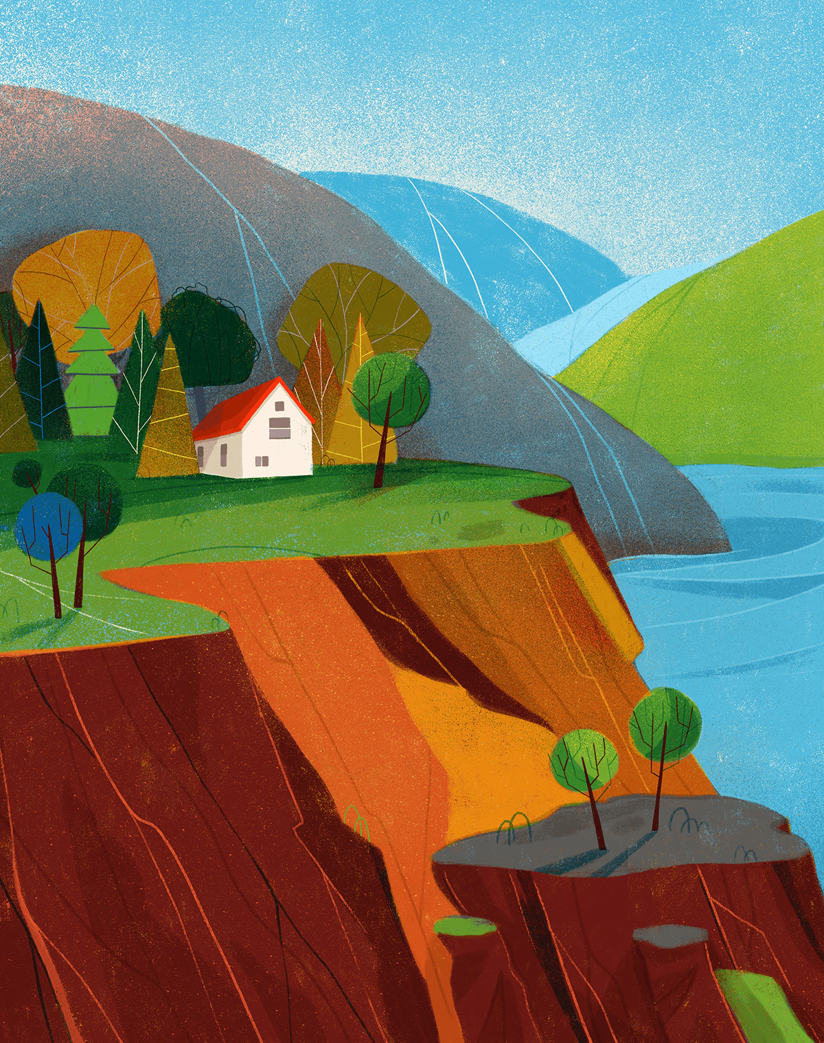 House on a cliff and trees.