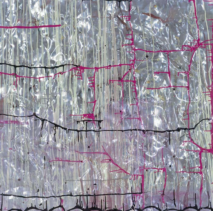 antoinette insatiable #15, 2001, oil on aluminum with gunshot, 48x48in