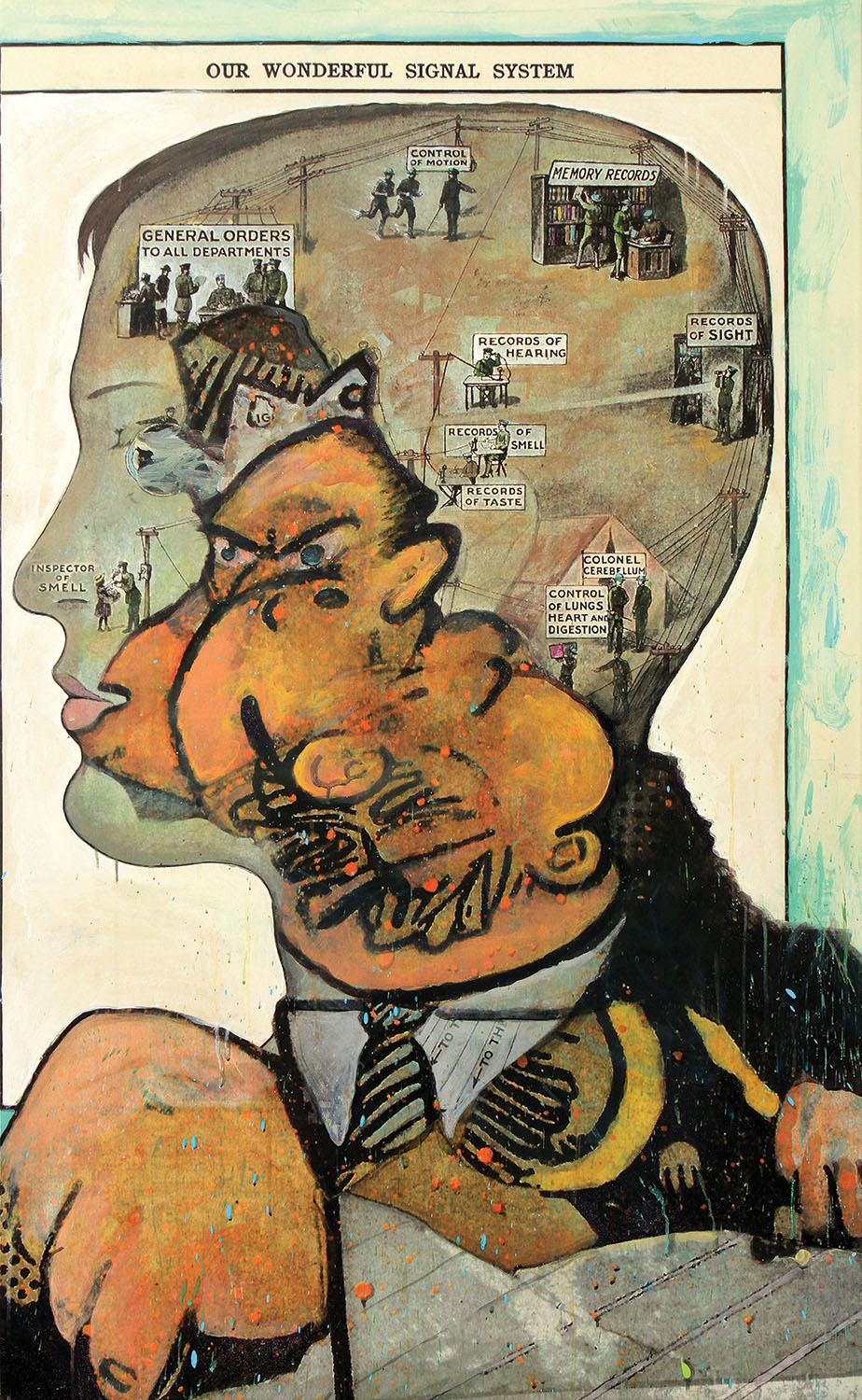 Records of Sight, 2014, Original acrylic with embellishments on canvas with printed background 60 x 37 in.