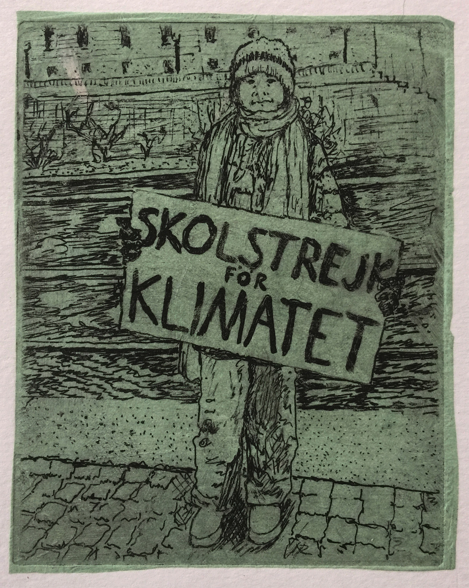Greta, age 15, Stockholm, outside Parliament - 2020 - Solar etching on chine collé Strathmore 400 paper - Image: 5" x 4"