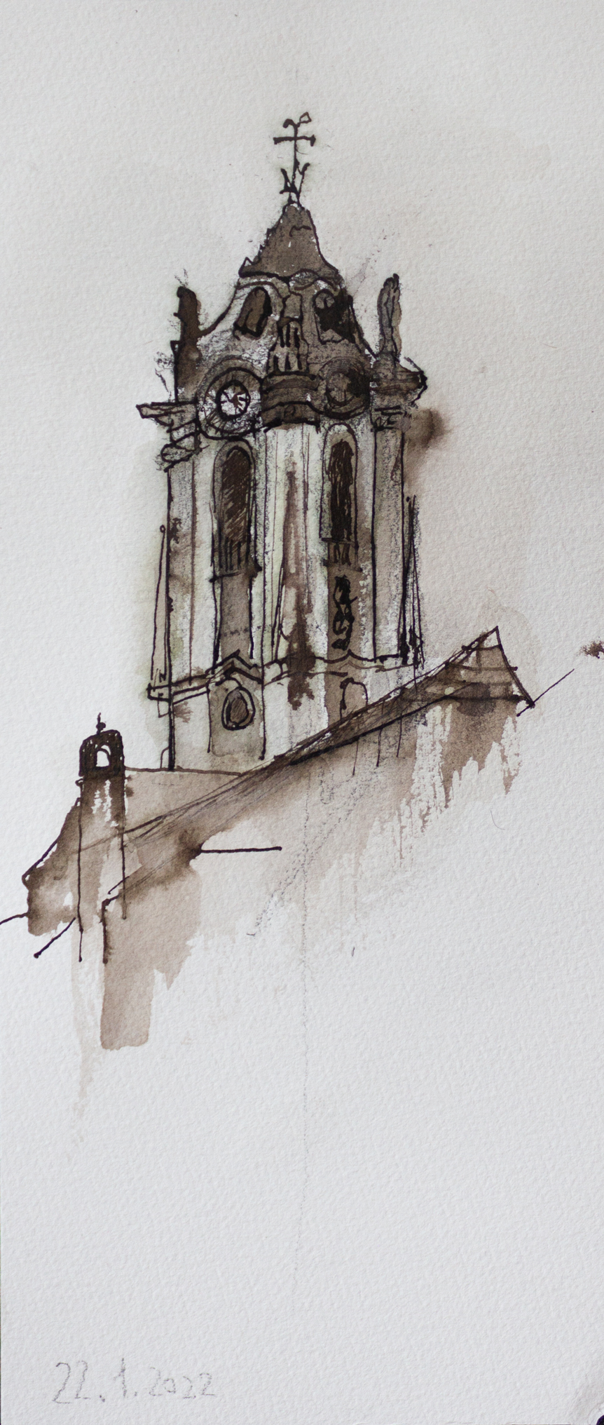 Tower in Durnstein II, Sepia, 2022, 30,5x13cm 