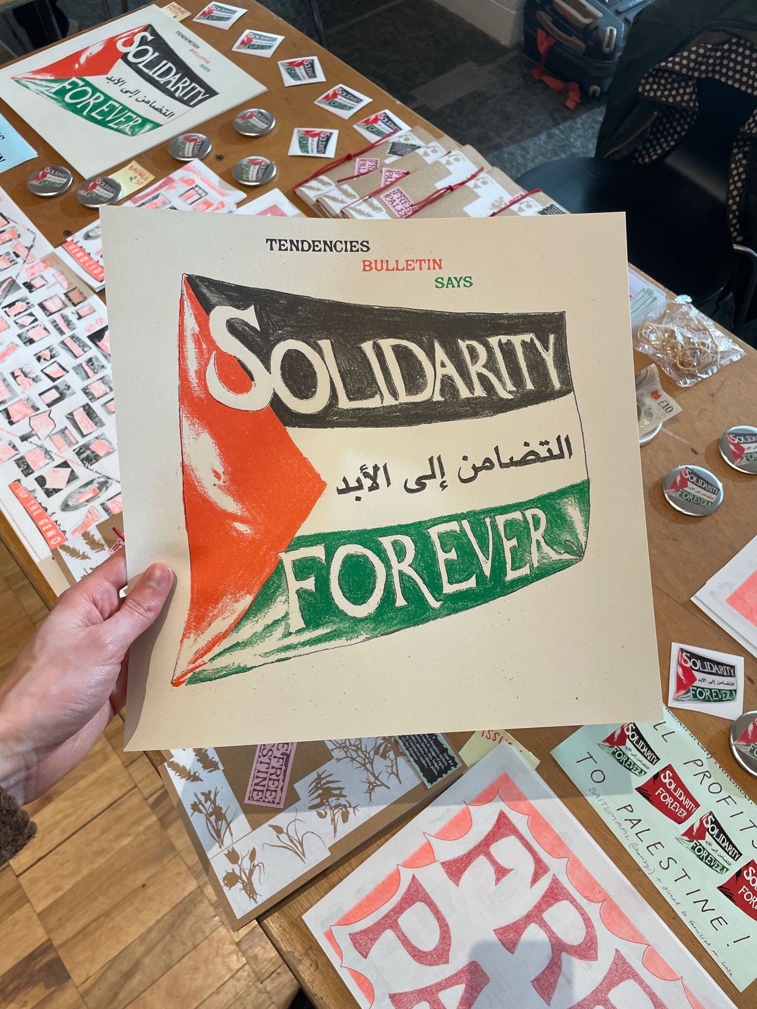Three colour riso printed 297x297mm square poster of 'Solidarity Forever' Palestine flag motif by Tendencies Bulletin @tendenciesbulletin