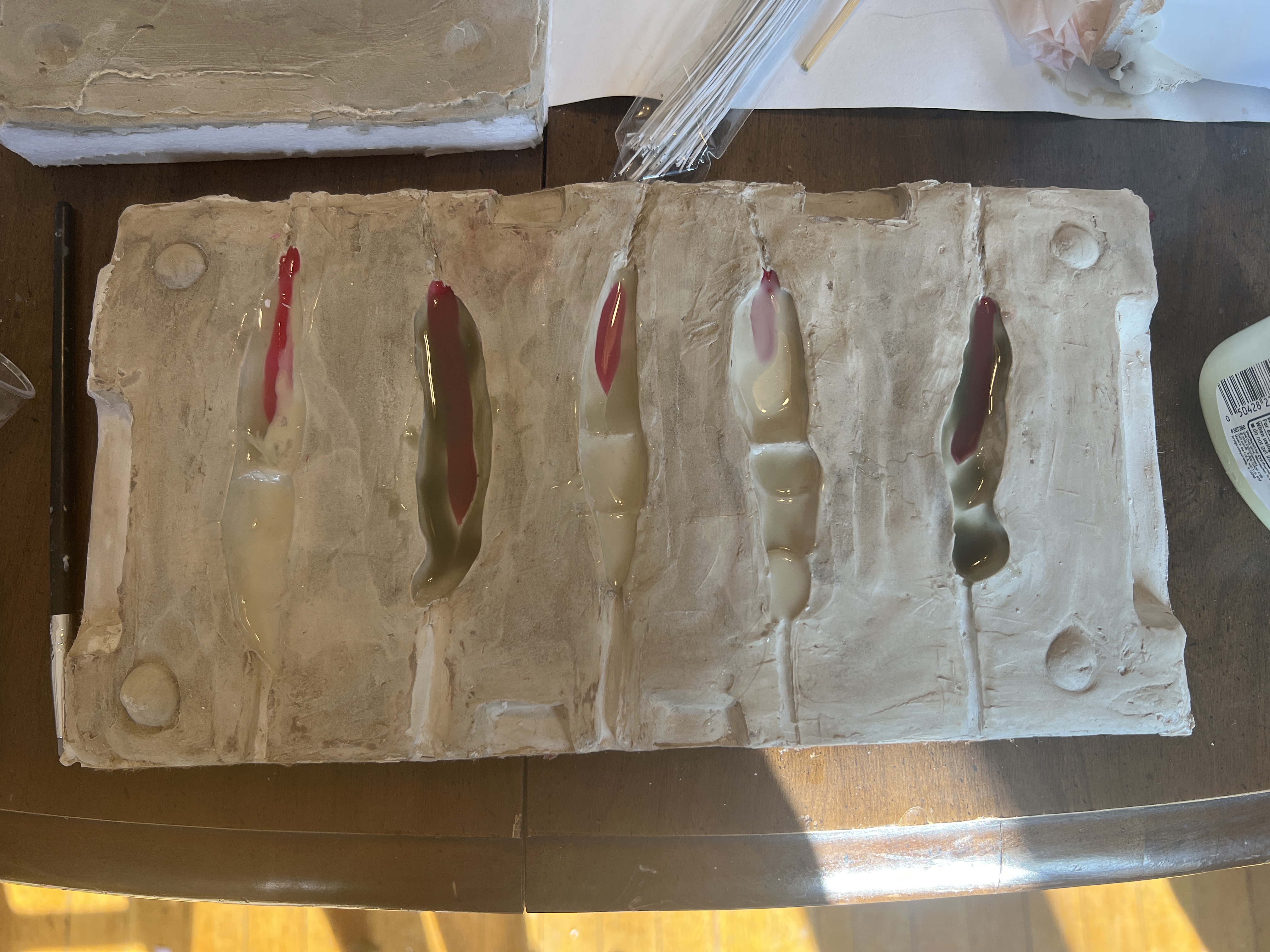 Plaster mold with first layer of silicone.