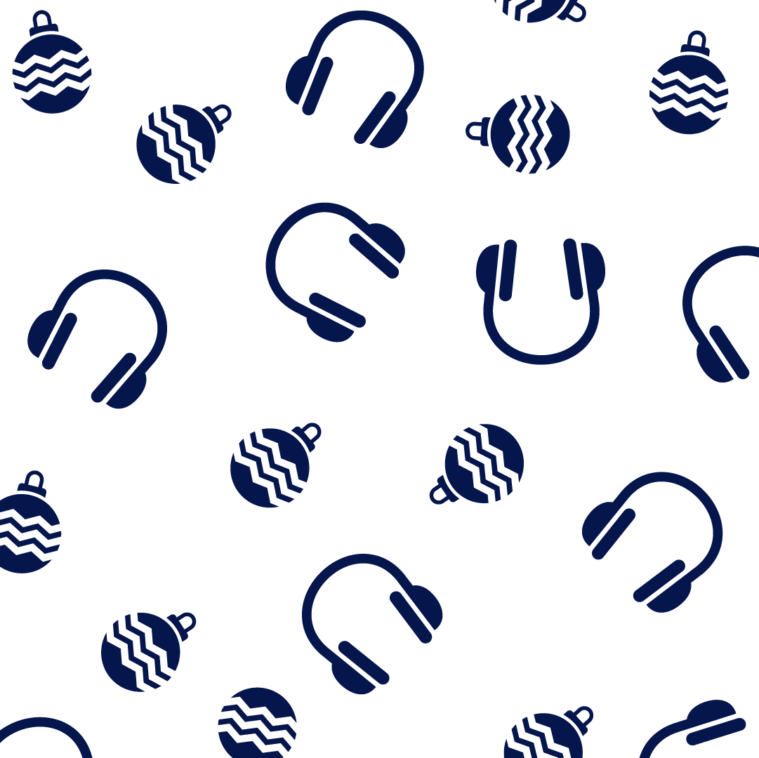 Pattern designed for the Kekzhörer® audio player, featuring headphones icons alongside decorative Christmas bauble icons