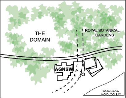 The Art Gallery of New South Wales is located in a central location between the Domain, Royal Botanical Gardens, and Woolloomooloo Bay.