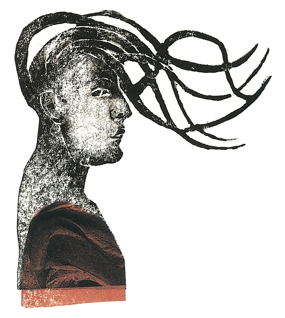 ErisLinocut, printed with oil paint, collage elementsSerie: The saga of Troy's fall/Text: Franz FühmannPublisher: Hinstorff Verlag, Rostock, 2011