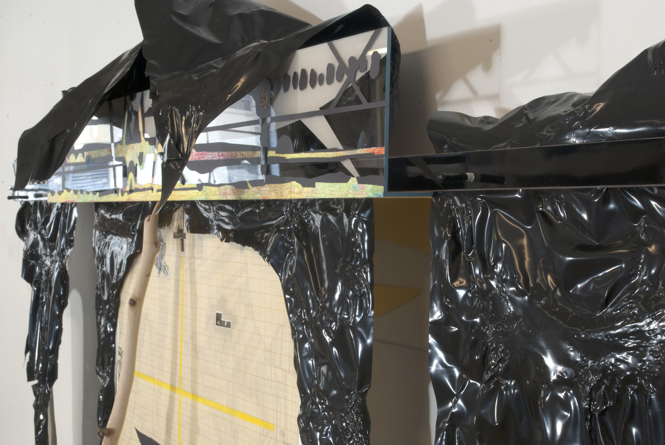 thesunthesea  Ink, melted plastic, aerosol, oil pastel, graphite and tape on paper and plexiglass. Laminate, acrylic paint, wood, and push pin.  2013 - 75 x 64 x 8