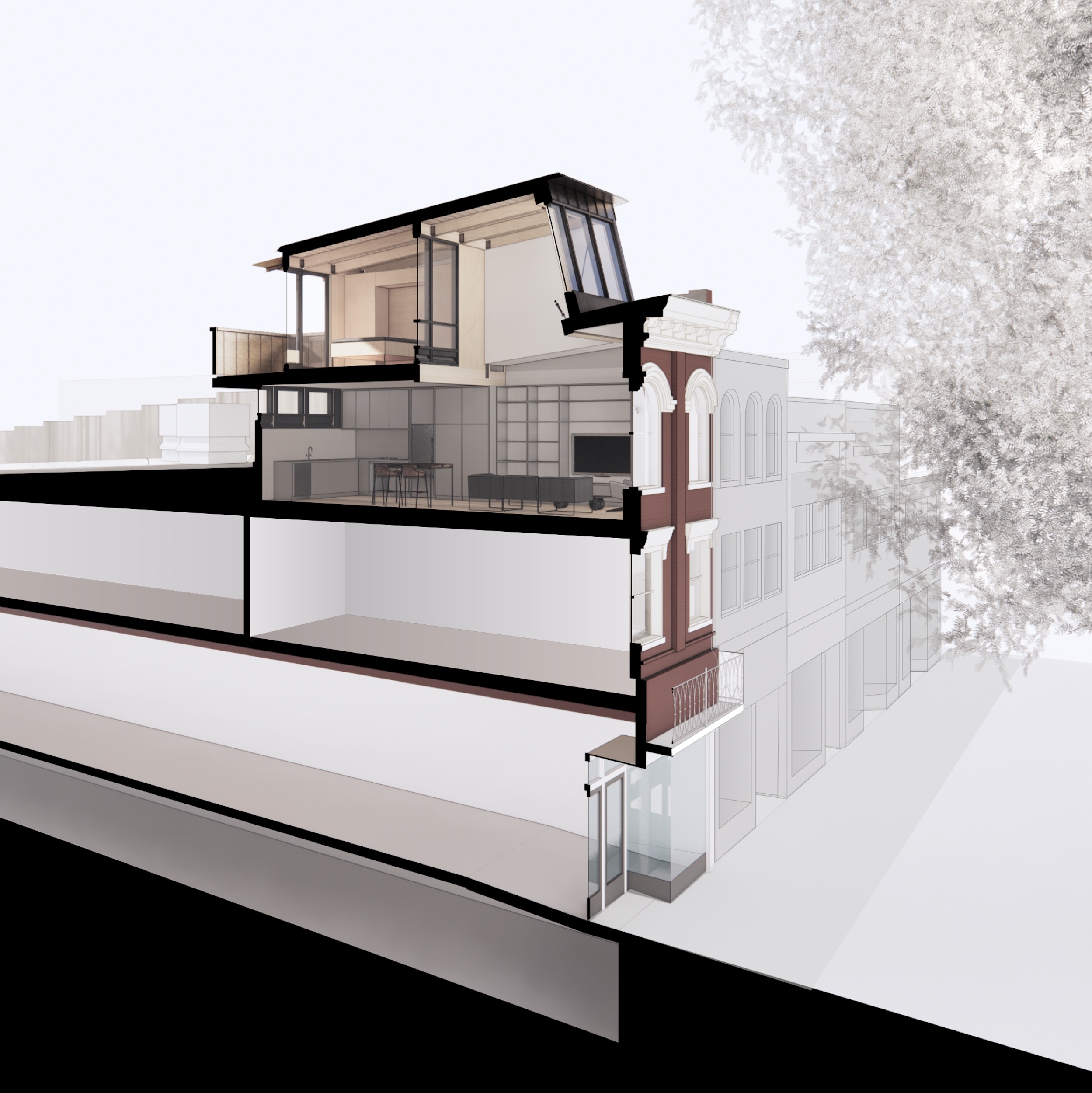 Living Space CT Scan Perspective | Charlottesville Loft Apartment | PARABOLA Architecture