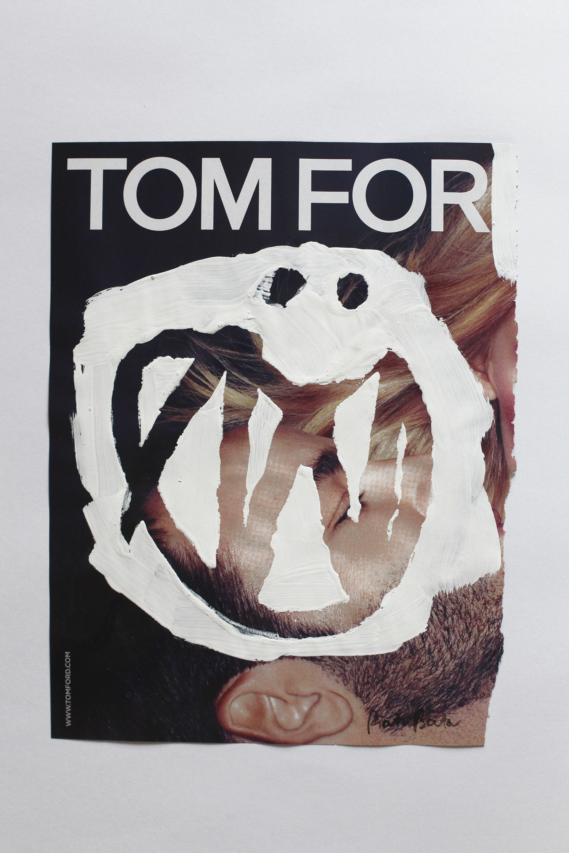 "No. 24" from "making faces" series. Approx. 28.5 x 22 cm / 11.2 x 8.6 inches. White household paint on magazine page