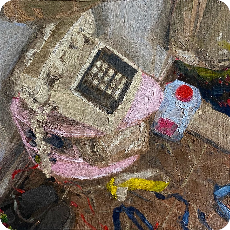 telephone corner, 202410 x 10 cm oil on MDF coaster